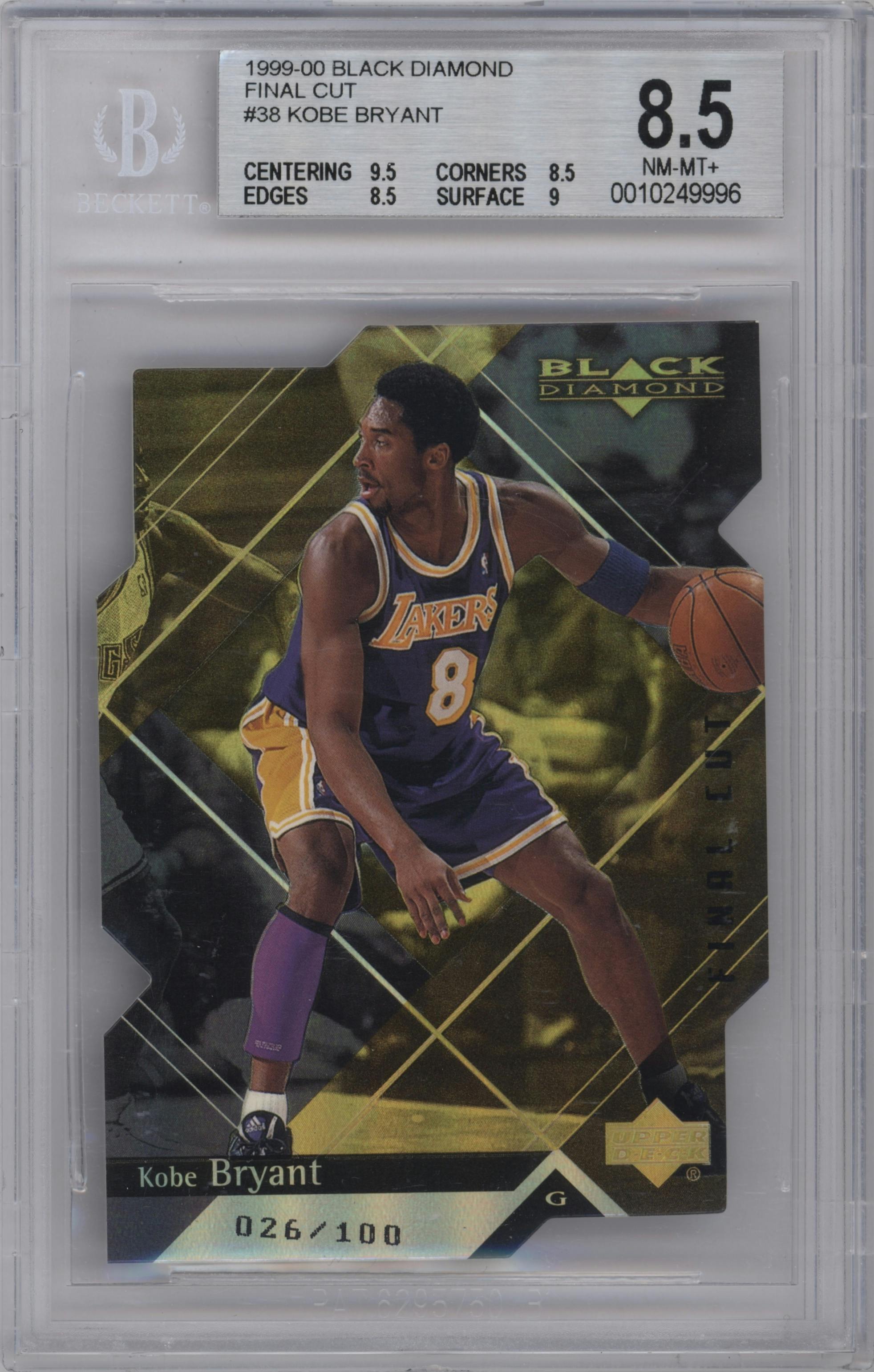 Kobe Bryant from the 1999-00 Upper Deck Black Diamond set featuring a Final Cut parallel graded by Beckett and given an overall grade of 8.5.