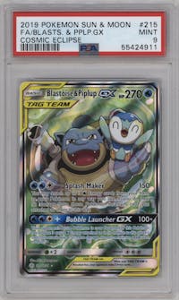 Blastoise/Piplup GX from the 2019 Pokemon S&M  set graded by PSA and given an overall grade of 9.