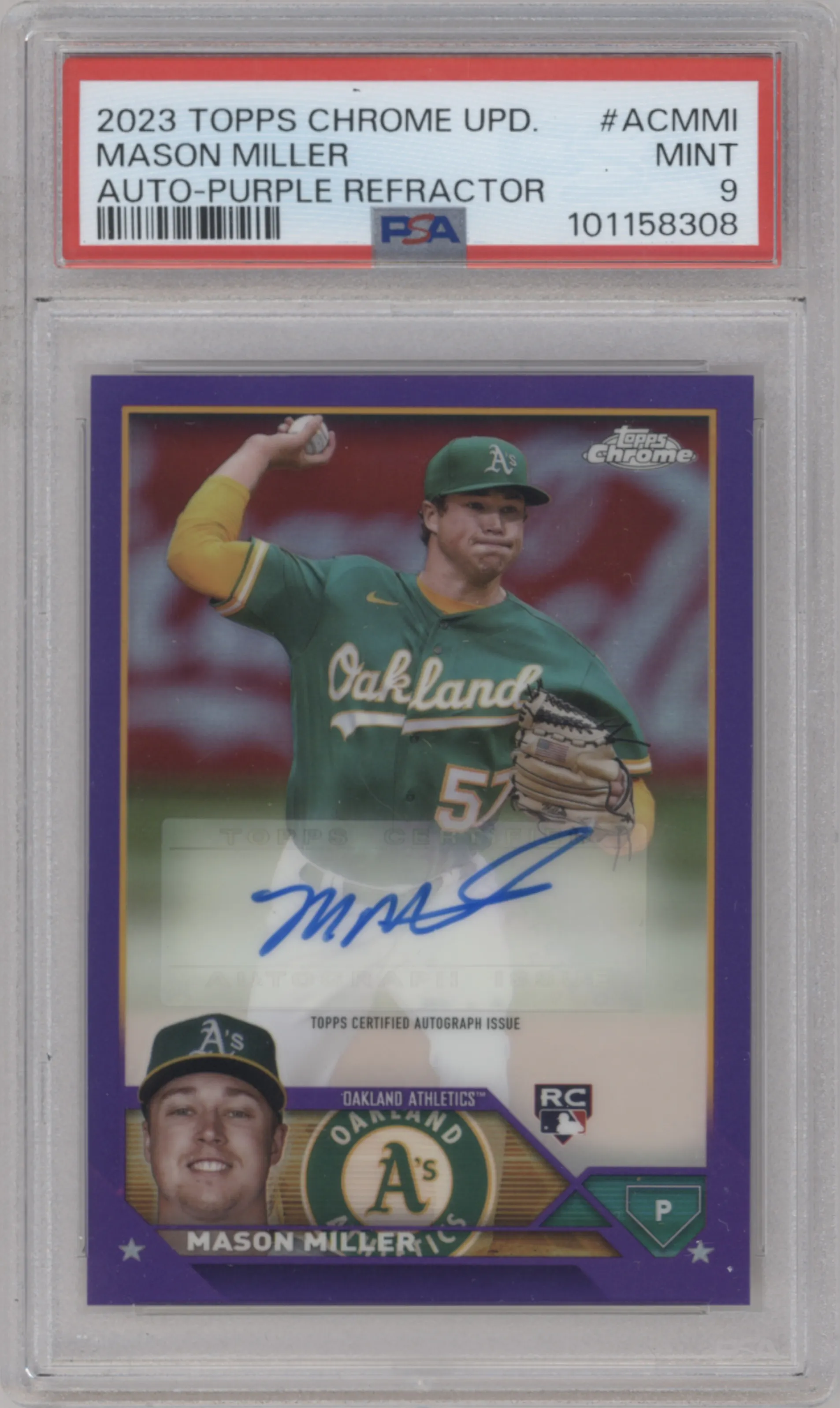 Mason Miller from the 2023 Topps Chrome Update set featuring a Purple Refractor parallel graded by PSA and given an overall grade of 9.