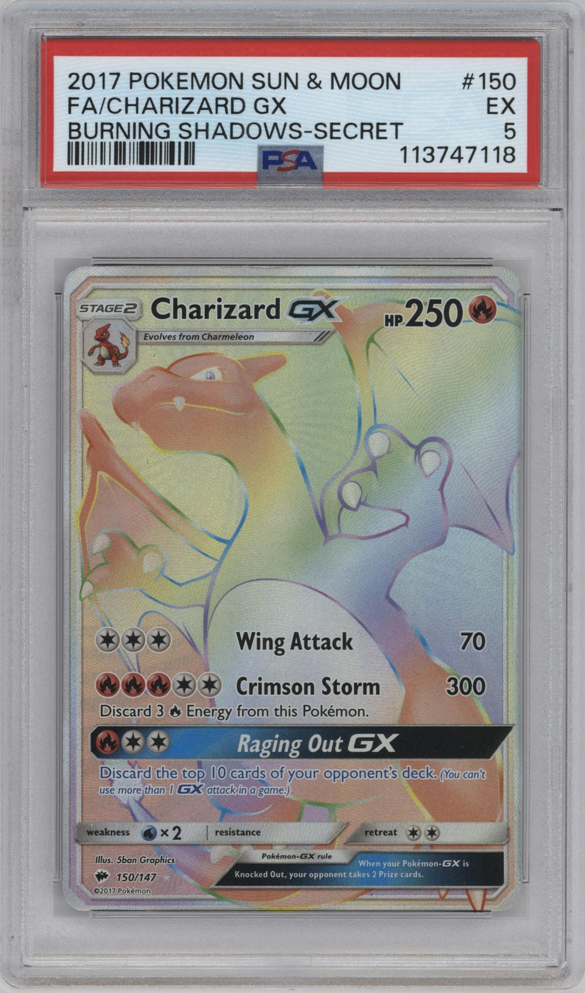 Charizard GX from the 2017 Pokemon S&M set graded by PSA and given an overall grade of 5.
