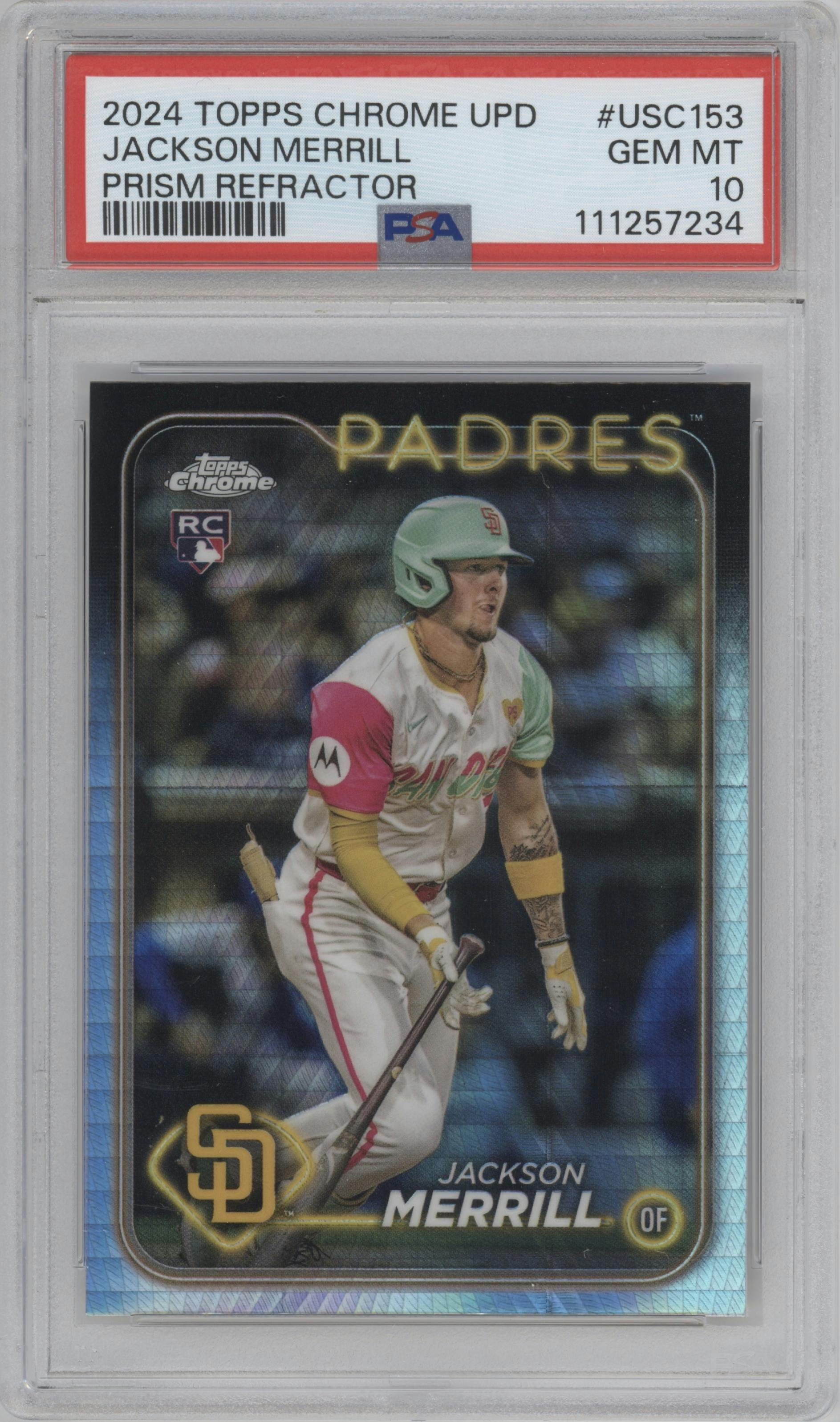 Jackson Merrill from the 2024 Topps Chrome Update set featuring a Prism Refractors parallel graded by PSA and given an overall grade of 10.