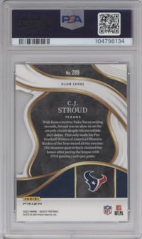 C.J. Stroud from the 2023 Panini Select set featuring a Die-Cut Black/Green parallel graded by PSA and given an overall grade of 10.