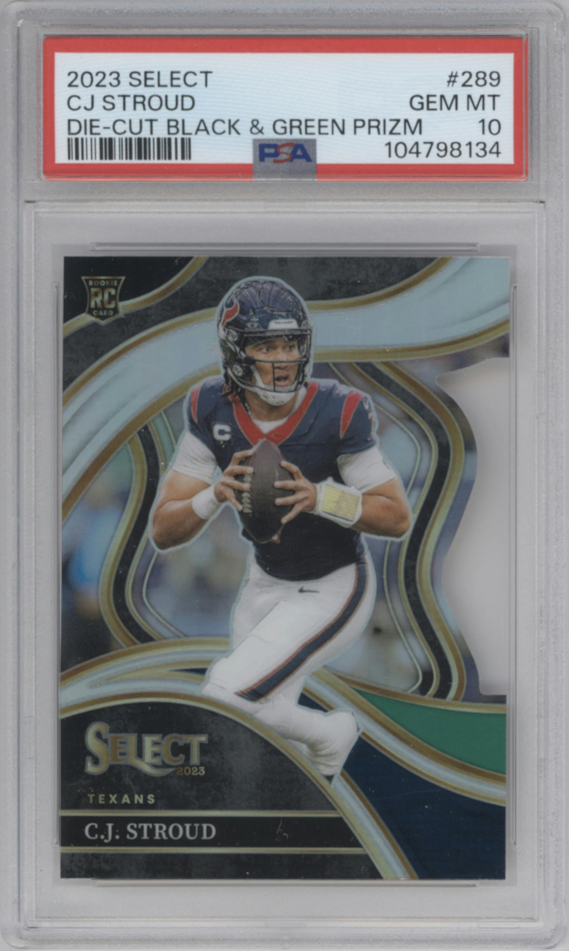C.J. Stroud from the 2023 Panini Select set featuring a Die-Cut Black/Green parallel graded by PSA and given an overall grade of 10.