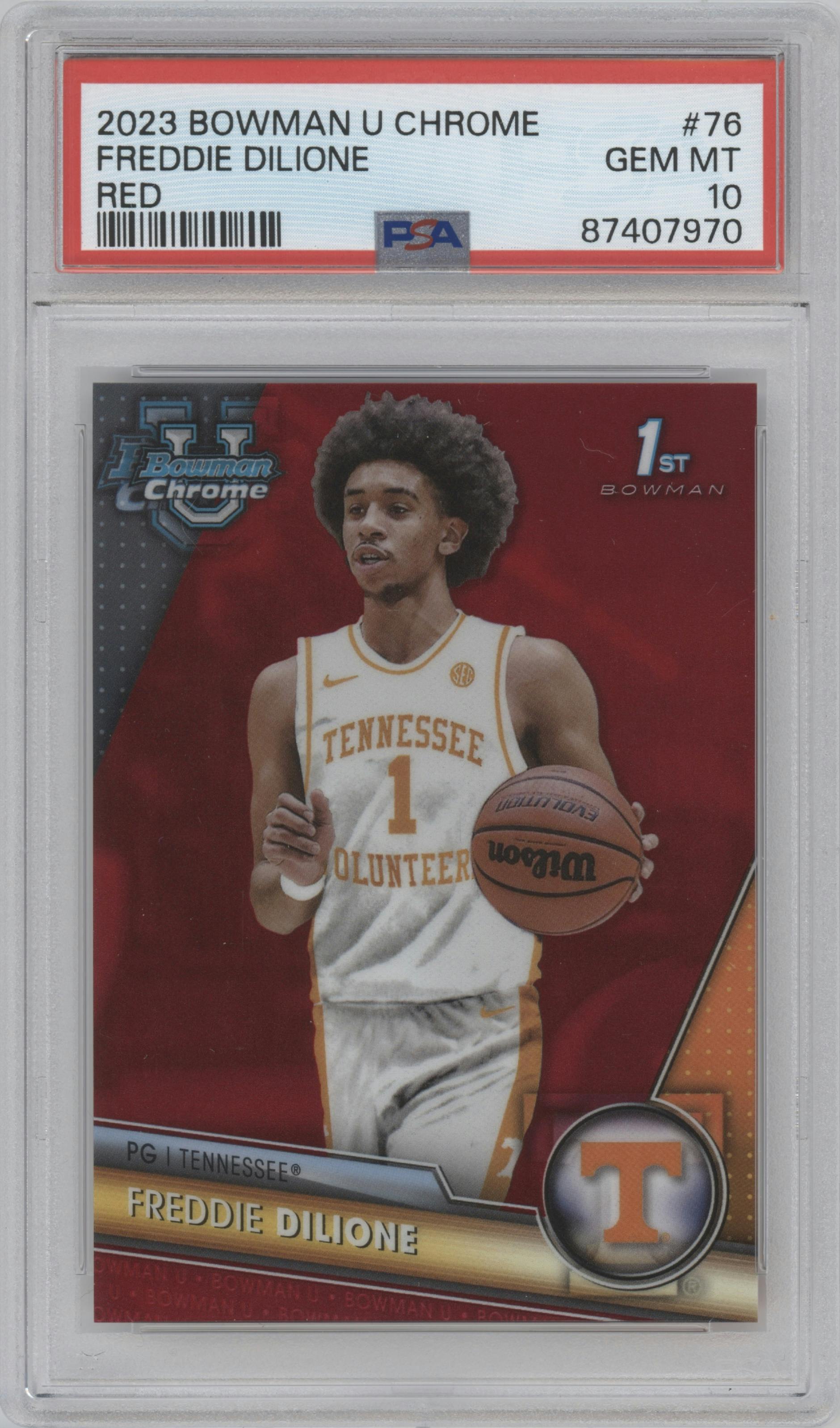 Freddie Dilione from the 2023-24 Bowman U Chrome set featuring a Red Refractor parallel graded by PSA and given an overall grade of 10.