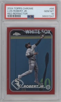 Luis Robert Jr. from the 2024 Topps Chrome set featuring a Red parallel graded by PSA and given an overall grade of 10.