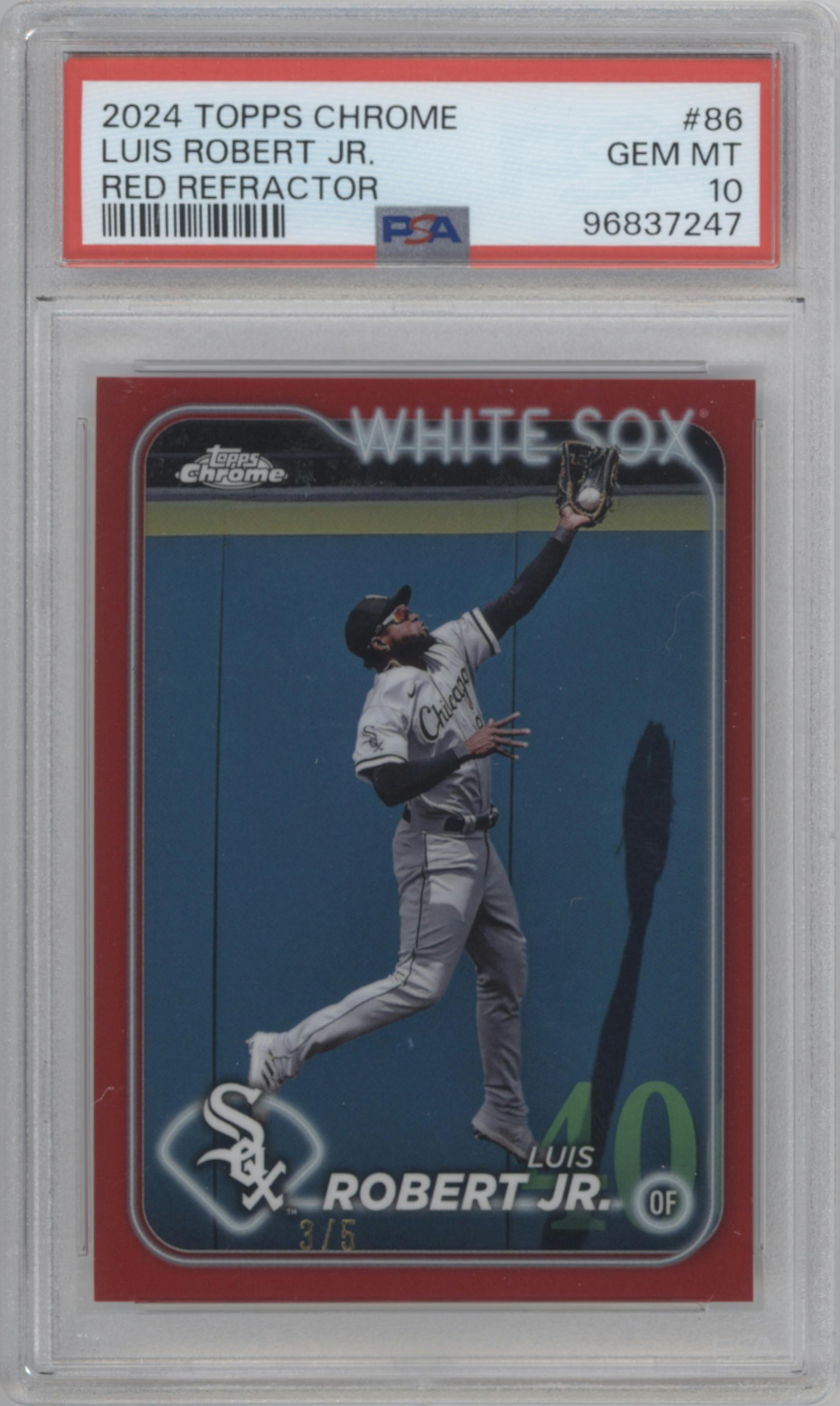Luis Robert Jr. from the 2024 Topps Chrome set featuring a Red parallel graded by PSA and given an overall grade of 10.
