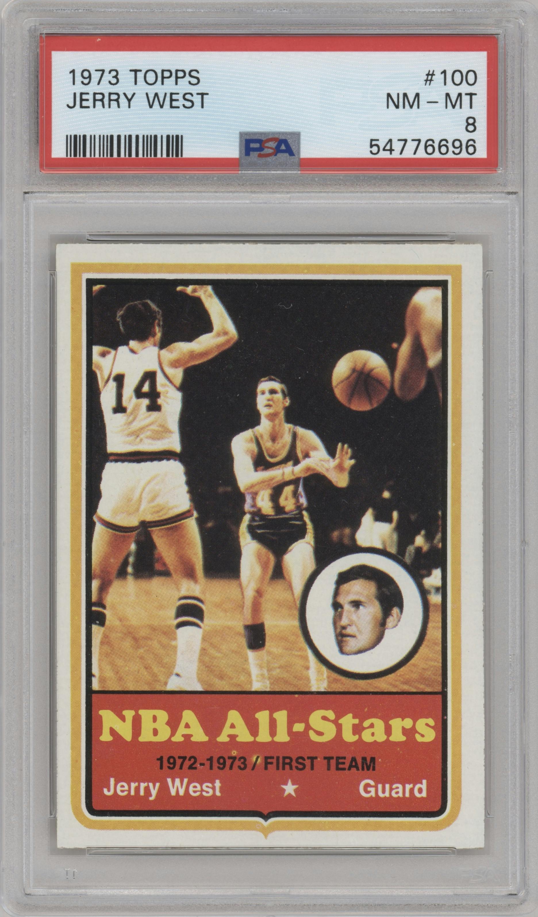 Jerry West from the 1973-74 Topps set graded by PSA and given an overall grade of 8.