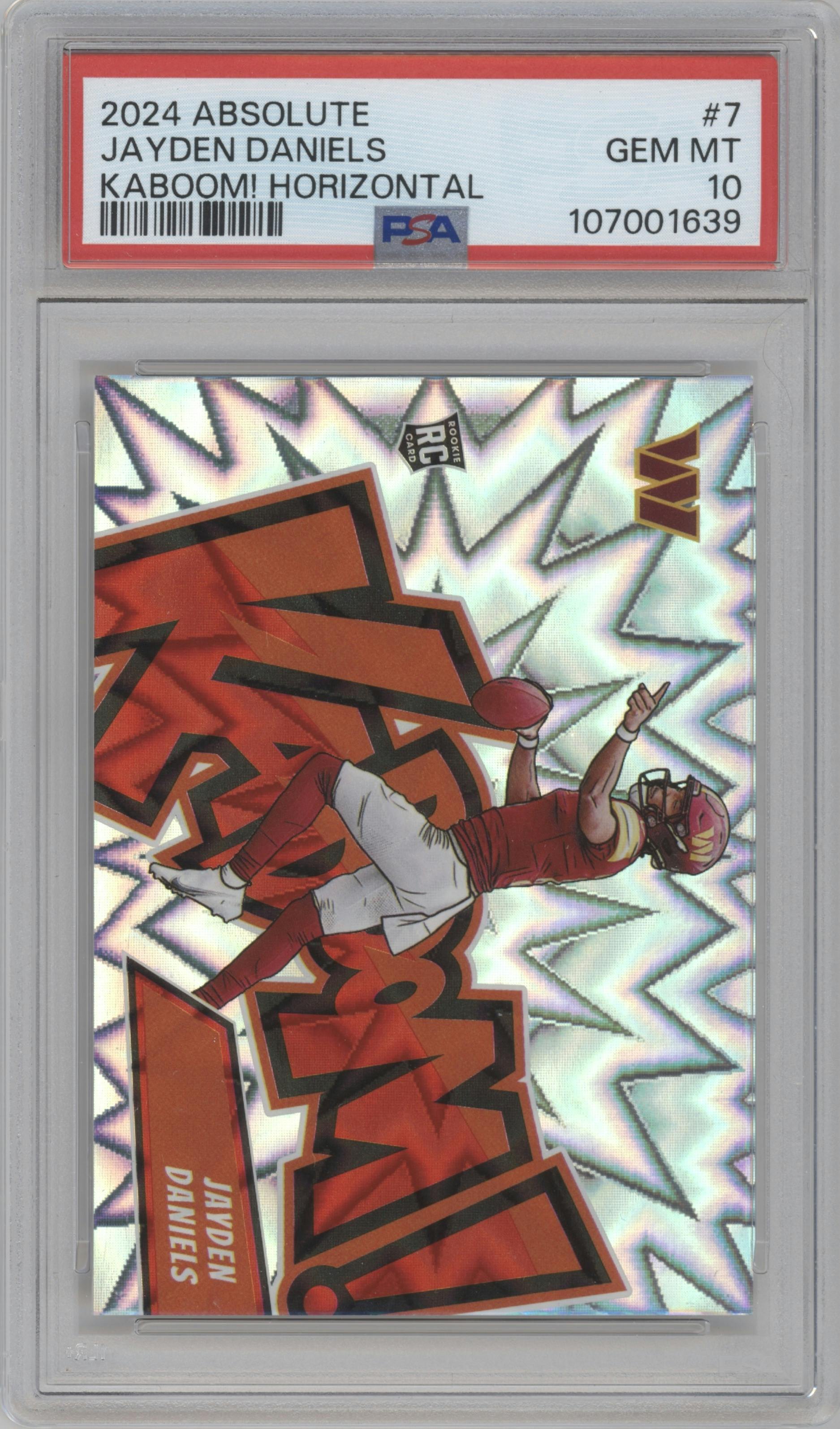 Jayden Daniels from the 2024 Panini Absolute set graded by PSA and given an overall grade of 10.