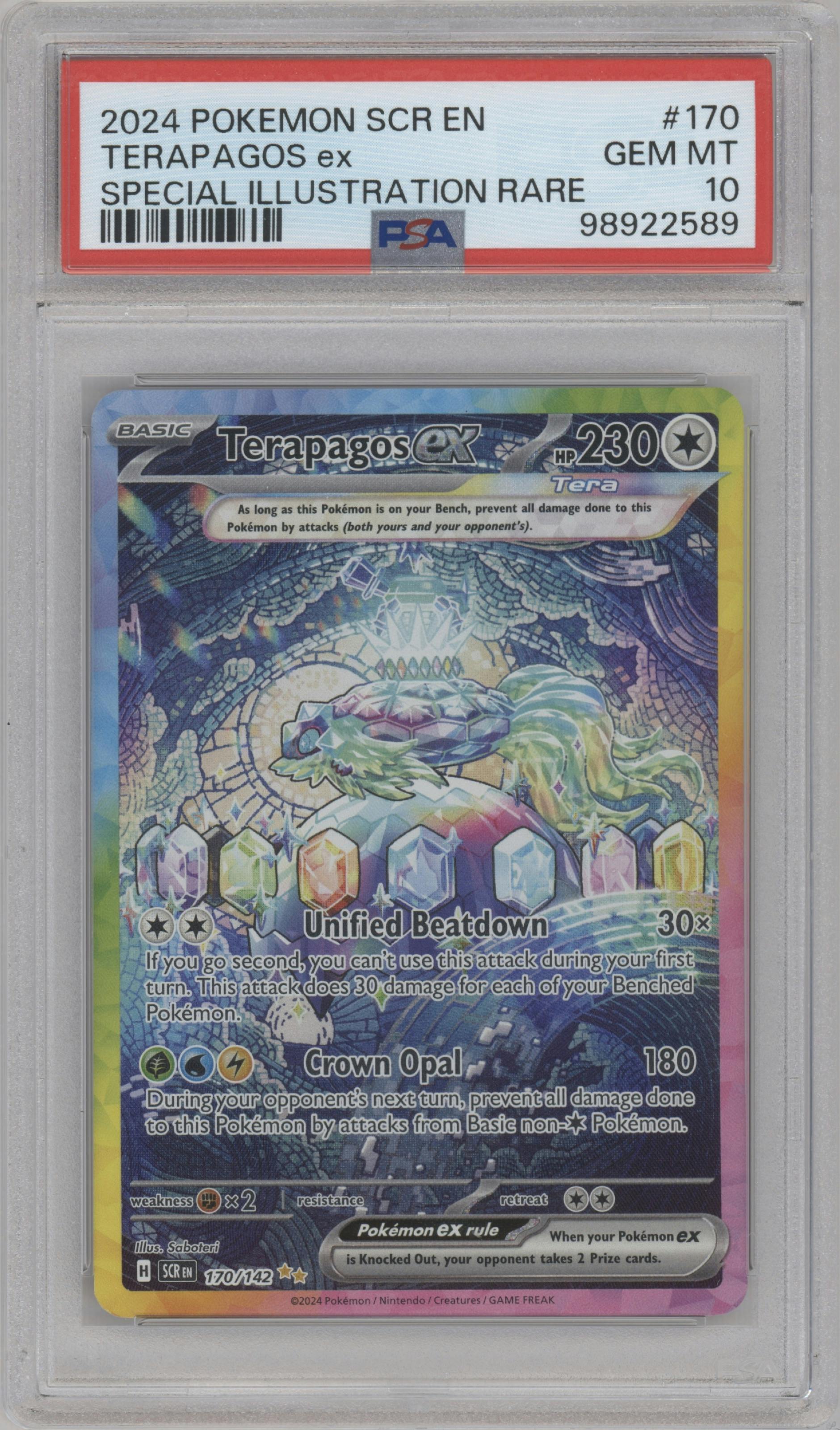 Terapagos ex from the 2024 Pokemon SV set graded by PSA and given an overall grade of 10.