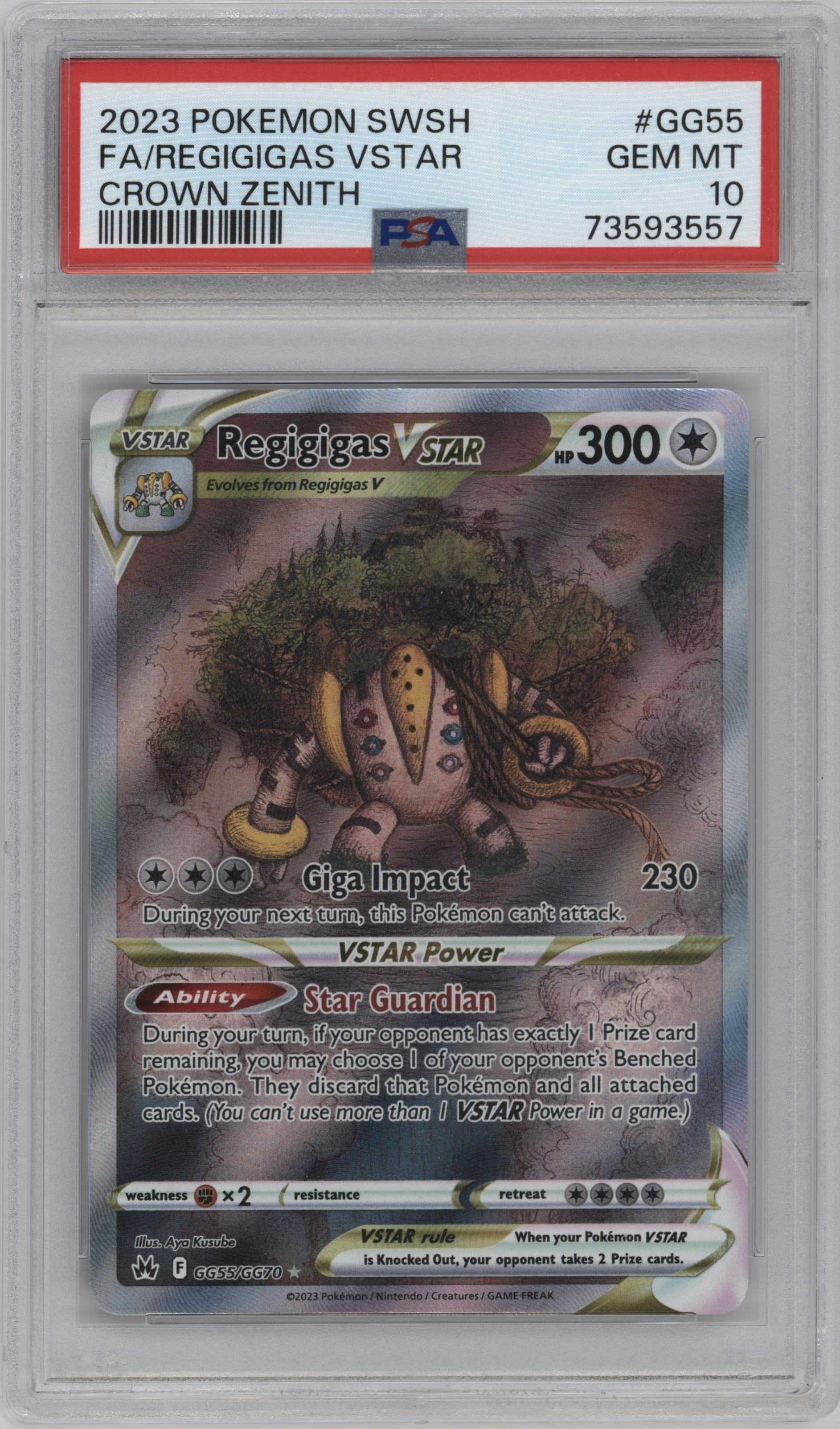 Regigigas VSTAR from the 2023 Pokemon SWSH set graded by PSA and given an overall grade of 10.