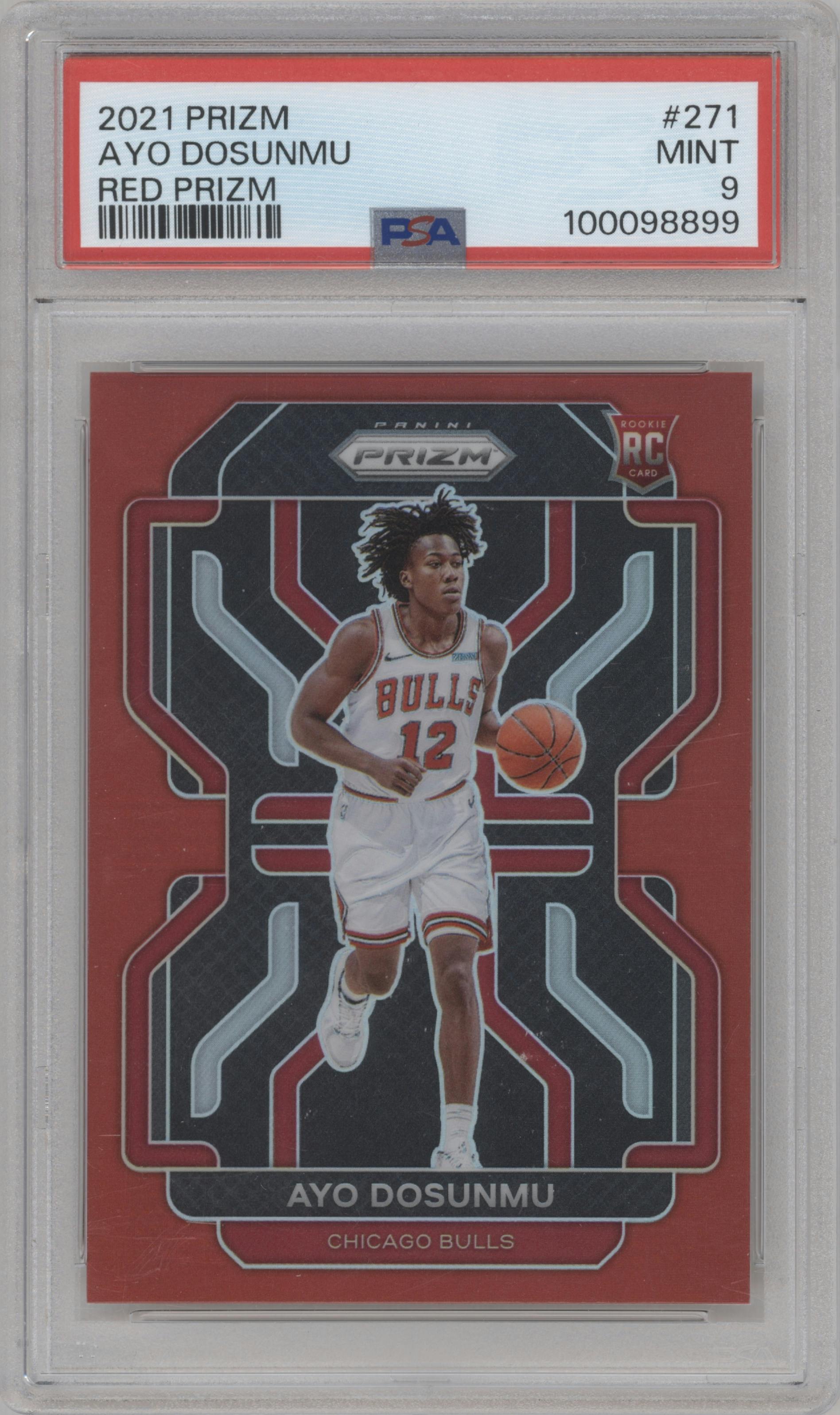 Ayo Dosunmu from the 2021-22 Panini Prizm  set featuring a Red Prizm parallel graded by PSA and given an overall grade of 9.