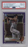 Colton Cowser from the 2021 Bowman Draft set featuring a Purple Refractor  parallel graded by PSA and given an overall grade of 10.