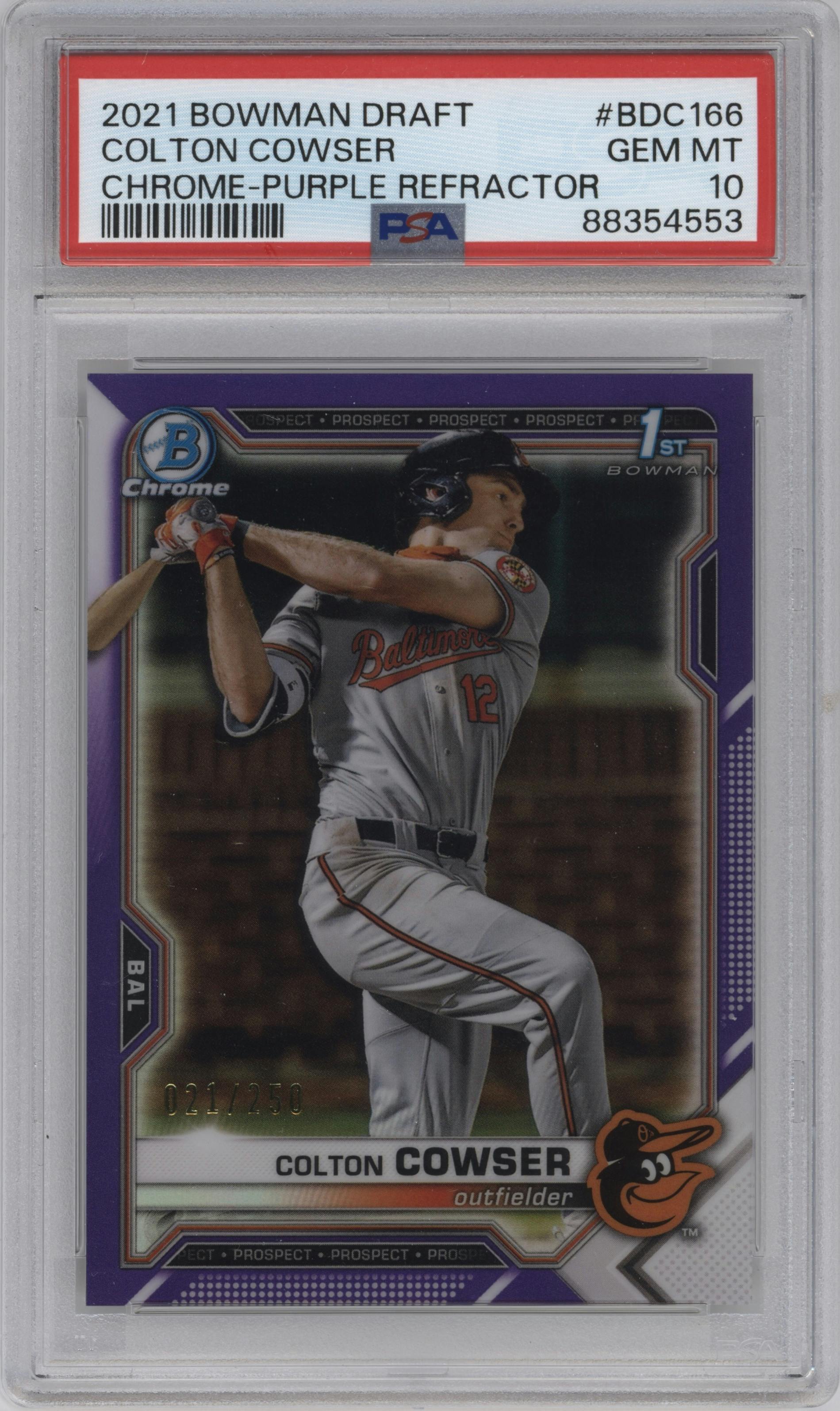 Colton Cowser from the 2021 Bowman Draft set featuring a Purple Refractor  parallel graded by PSA and given an overall grade of 10.