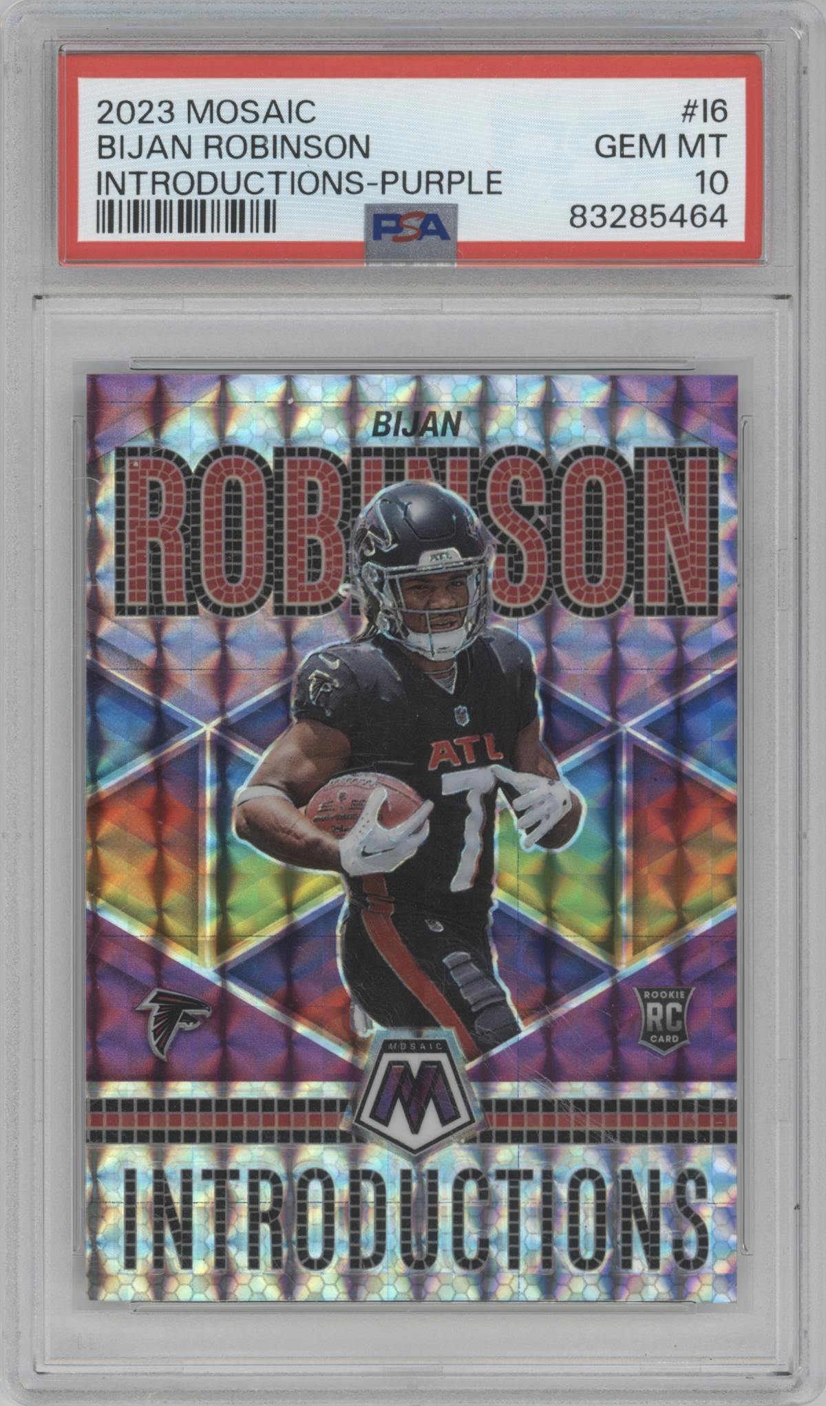 Bijan Robinson from the 2023 Panini Mosaic set featuring a Purple Mosaic parallel graded by PSA and given an overall grade of 10.