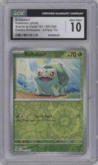 Bulbasaur from the 2023 Pokemon SV set featuring a Costco Exclusive 5 Pack Tin parallel graded by CSG and given an overall grade of 10.