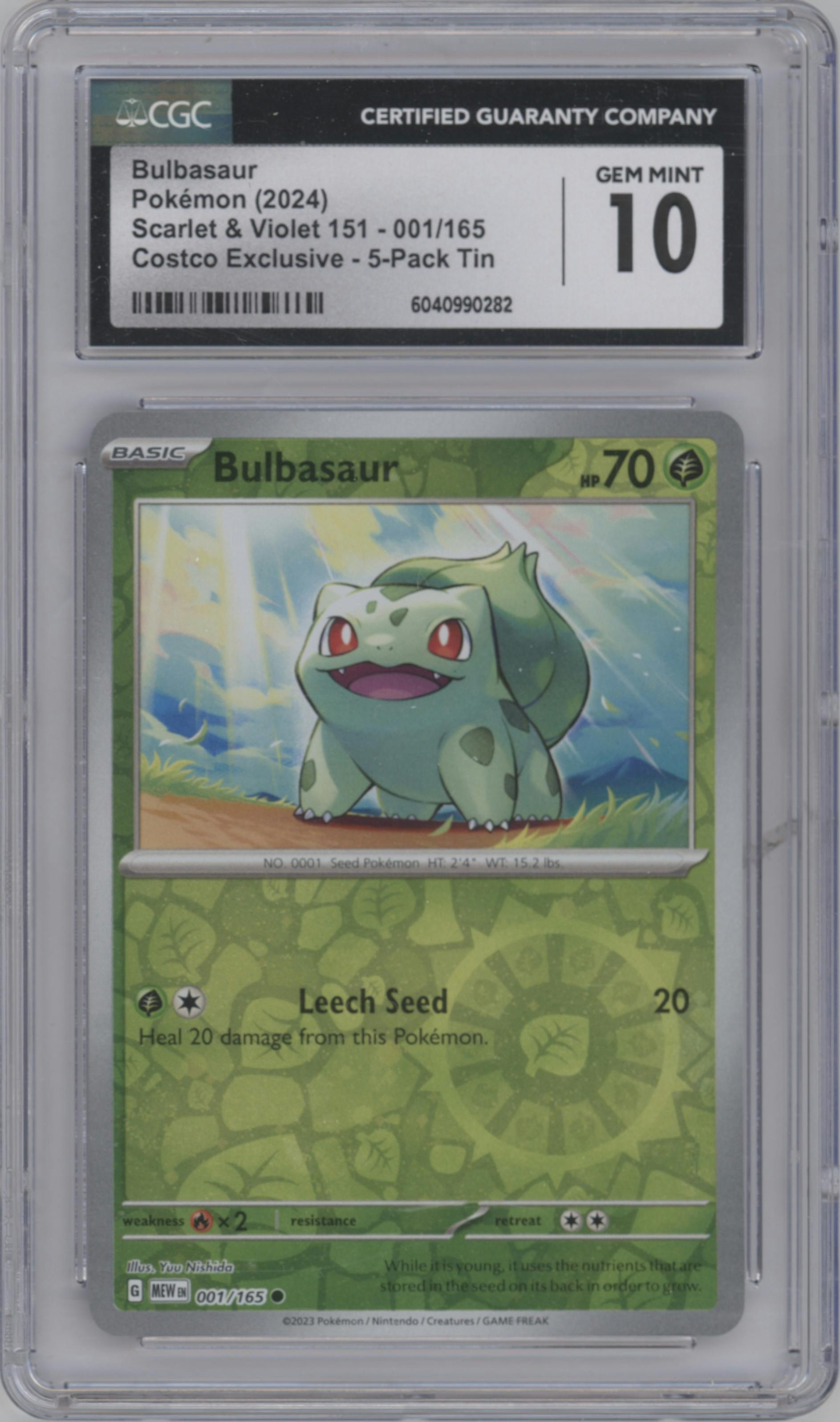 Bulbasaur from the 2023 Pokemon SV set featuring a Costco Exclusive 5 Pack Tin parallel graded by CSG and given an overall grade of 10.