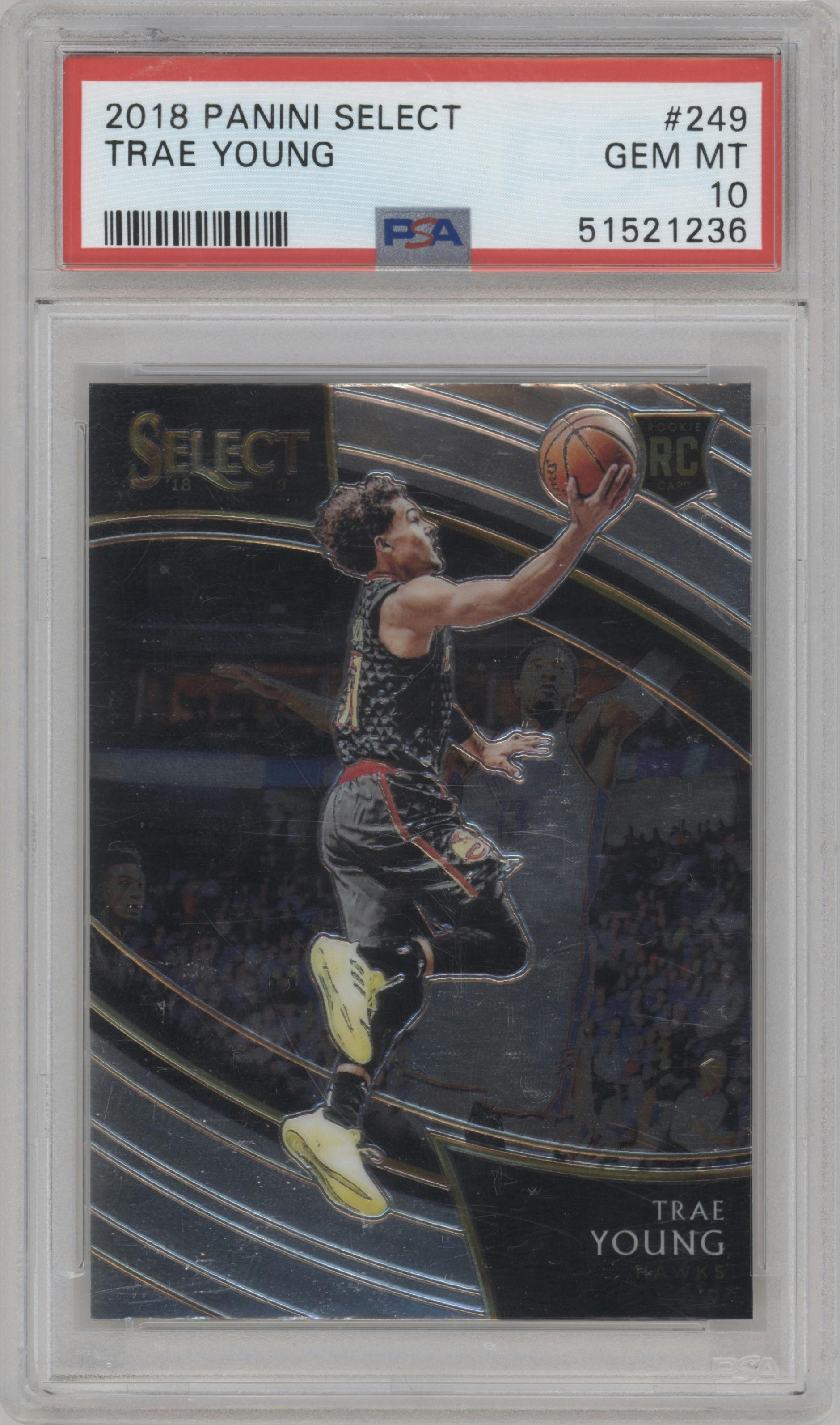 Trae Young from the 2018-19 Panini Select  set graded by PSA and given an overall grade of 10.