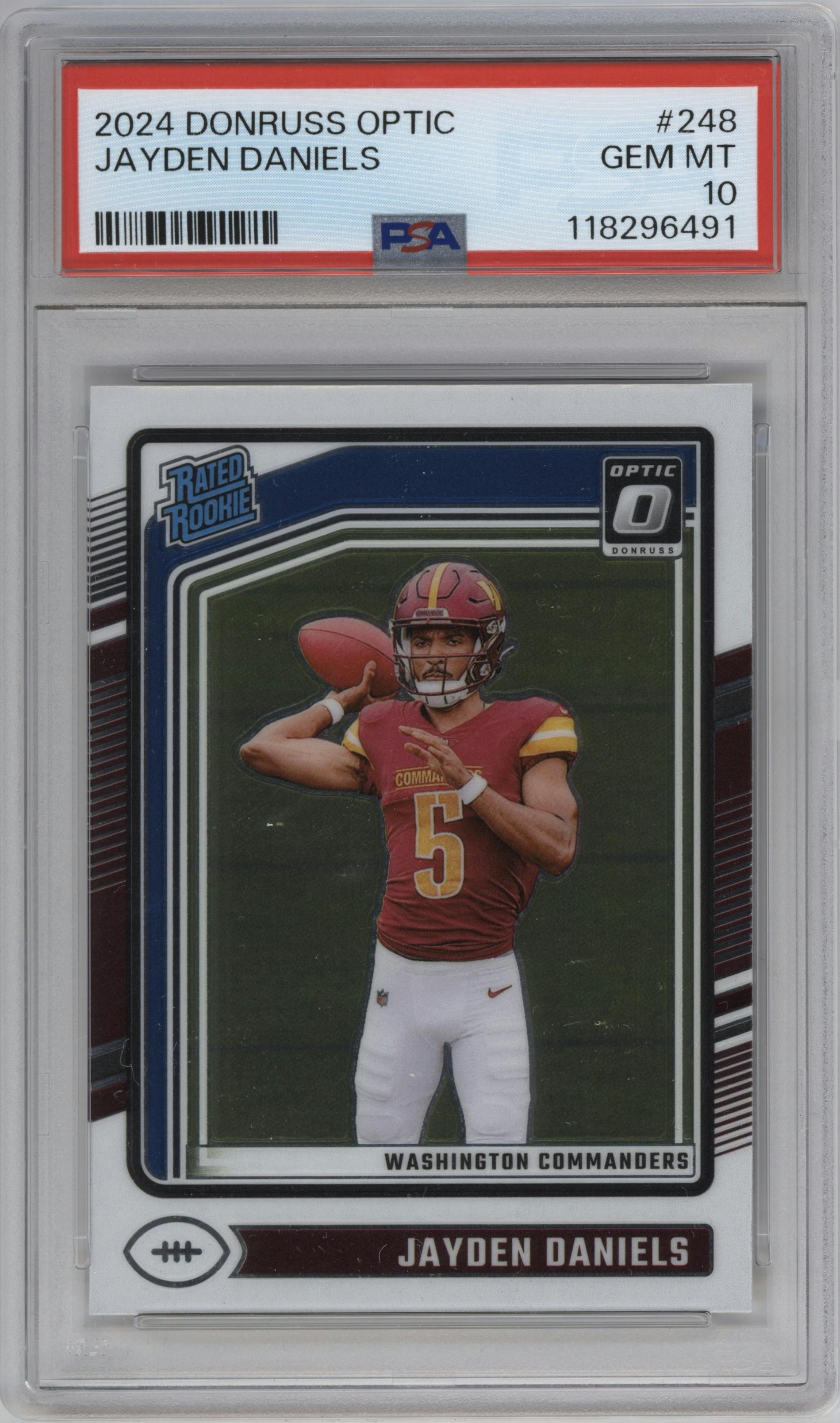 Jayden Daniels from the 2024 Donruss Optic set graded by PSA and given an overall grade of 10.