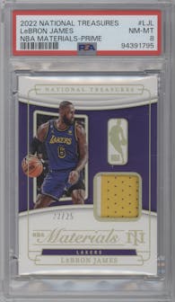 LeBron James from the 2022-23 Panini National Treasures set featuring a Prime parallel graded by PSA and given an overall grade of 8.