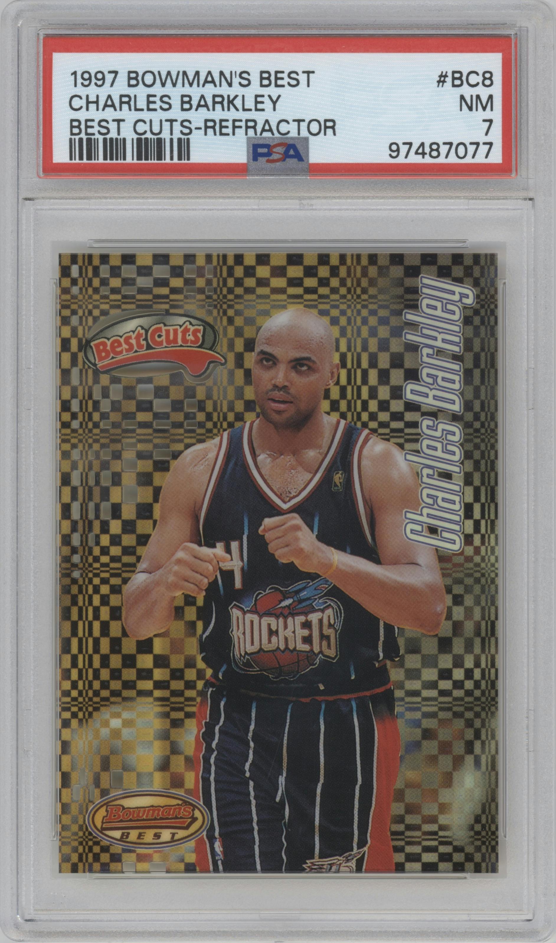 Charles Barkley from the 1997-98 Bowman's Best set featuring a Refractor parallel graded by PSA and given an overall grade of 7.