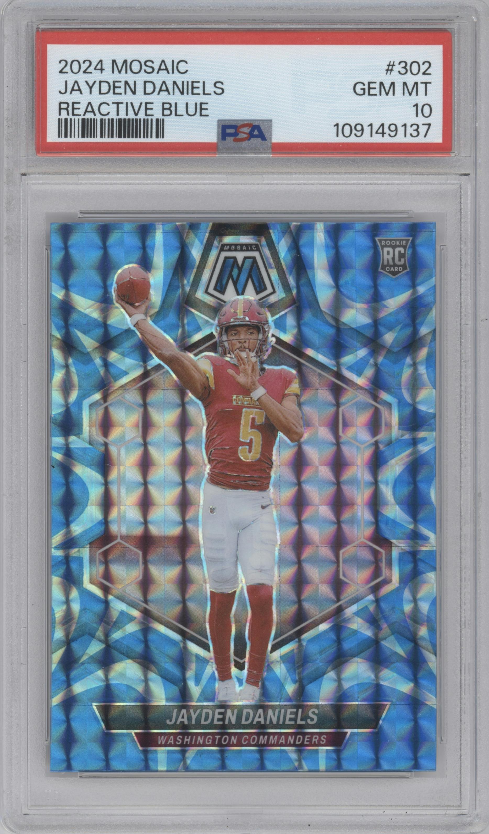 Jayden Daniels from the 2024 Panini Mosaic set featuring a Reactive Blue parallel graded by PSA and given an overall grade of 10.