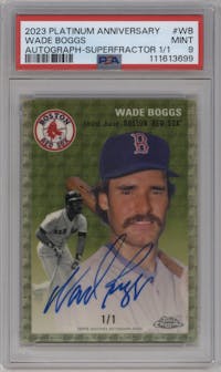 Wade Boggs from the 2023 Topps Chrome Platinum Anniversary set featuring a Superfractor parallel graded by PSA and given an overall grade of 9.
