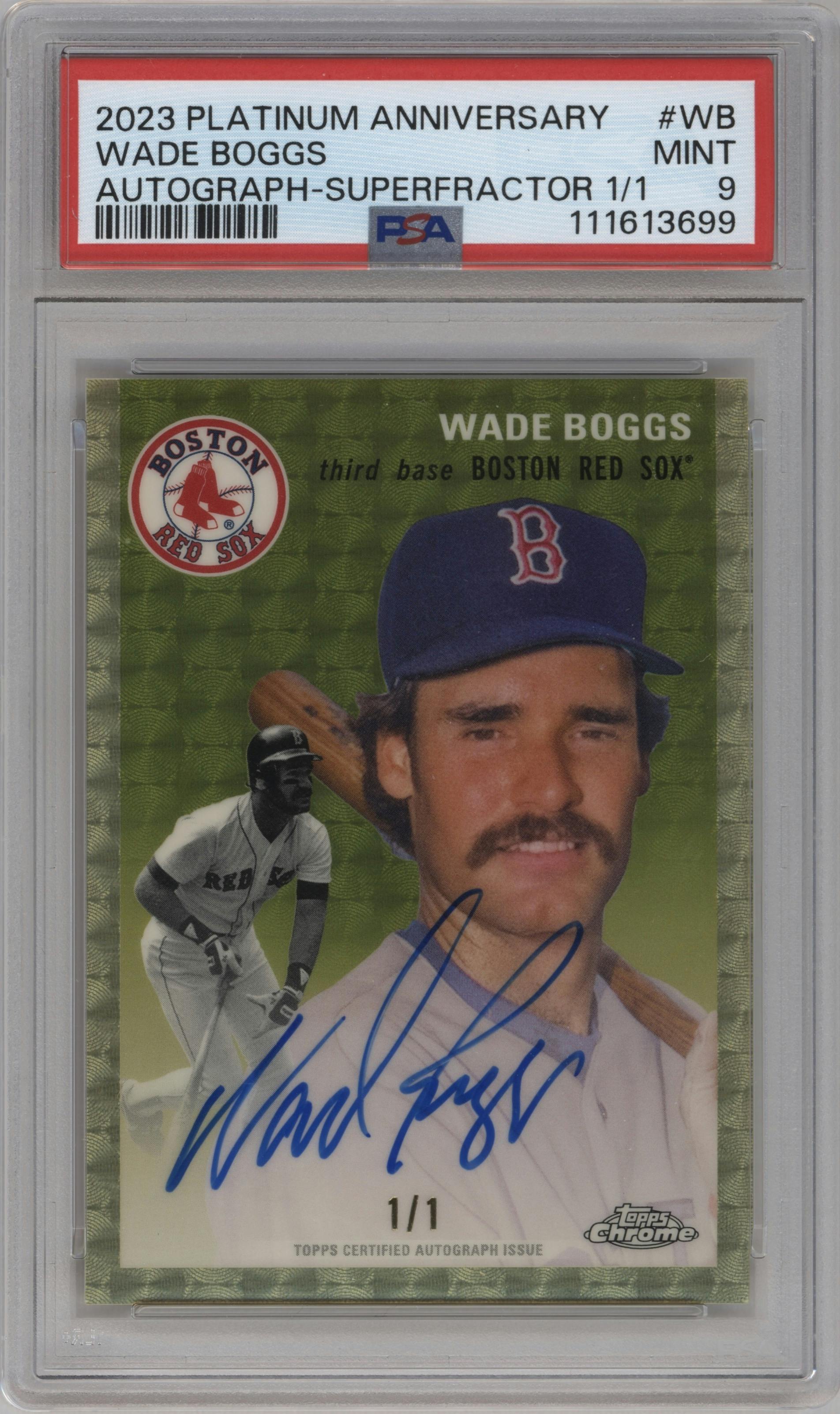 Wade Boggs from the 2023 Topps Chrome Platinum Anniversary set featuring a Superfractor parallel graded by PSA and given an overall grade of 9.