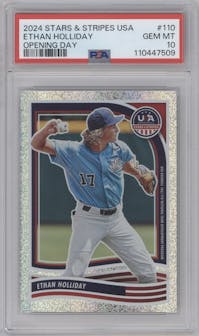 Ethan Holliday from the 2024 Panini USA Baseball Stars & Stripes set featuring a Opening Day parallel graded by PSA and given an overall grade of 10.