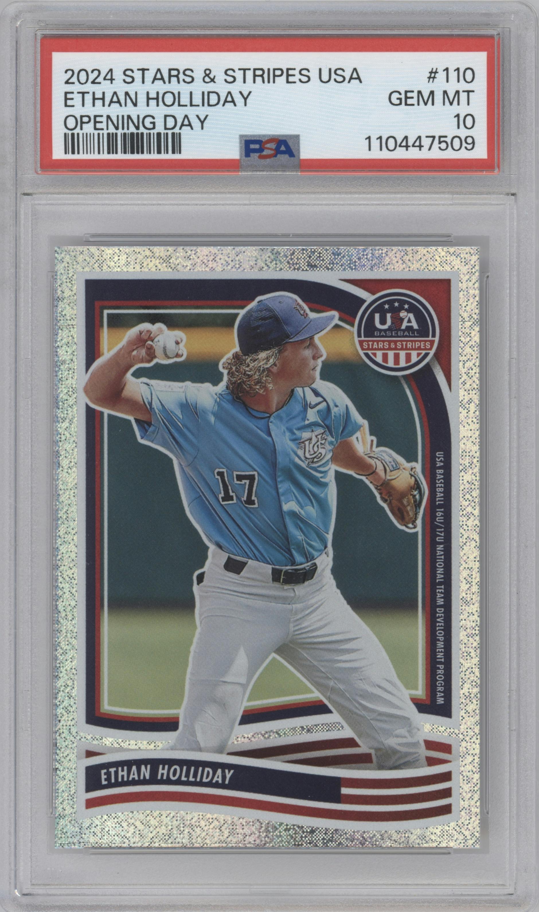Ethan Holliday from the 2024 Panini USA Baseball Stars & Stripes set featuring a Opening Day parallel graded by PSA and given an overall grade of 10.