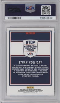 Ethan Holliday from the 2024 Panini USA Baseball Stars & Stripes set featuring a Opening Day parallel graded by PSA and given an overall grade of 10.