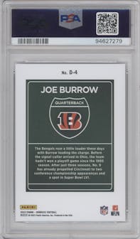 Joe Burrow from the 2023 Panini Donruss set graded by PSA and given an overall grade of 10.