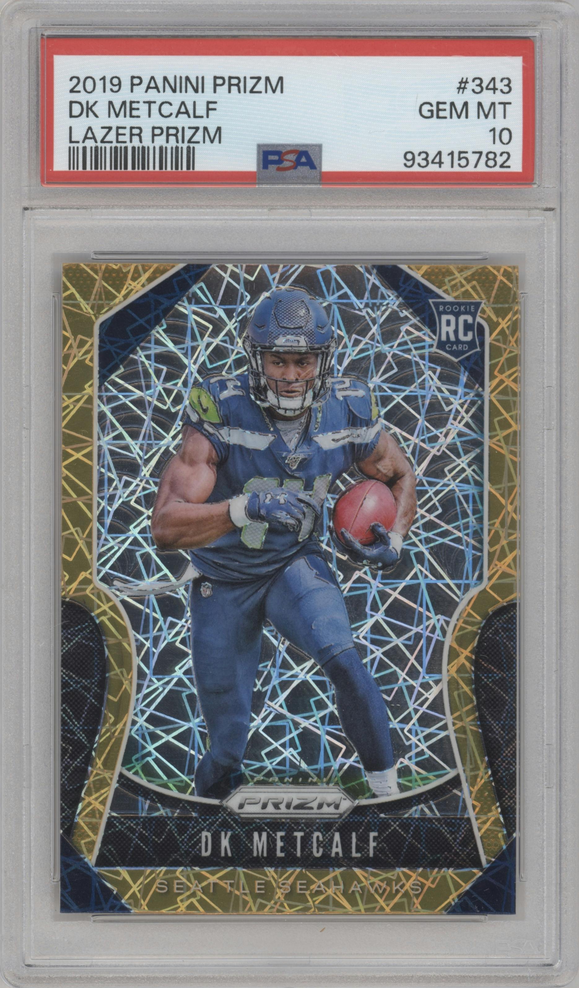 DK Metcalf from the 2019 Panini Prizm set featuring a Lazer Prizm parallel graded by PSA and given an overall grade of 10.