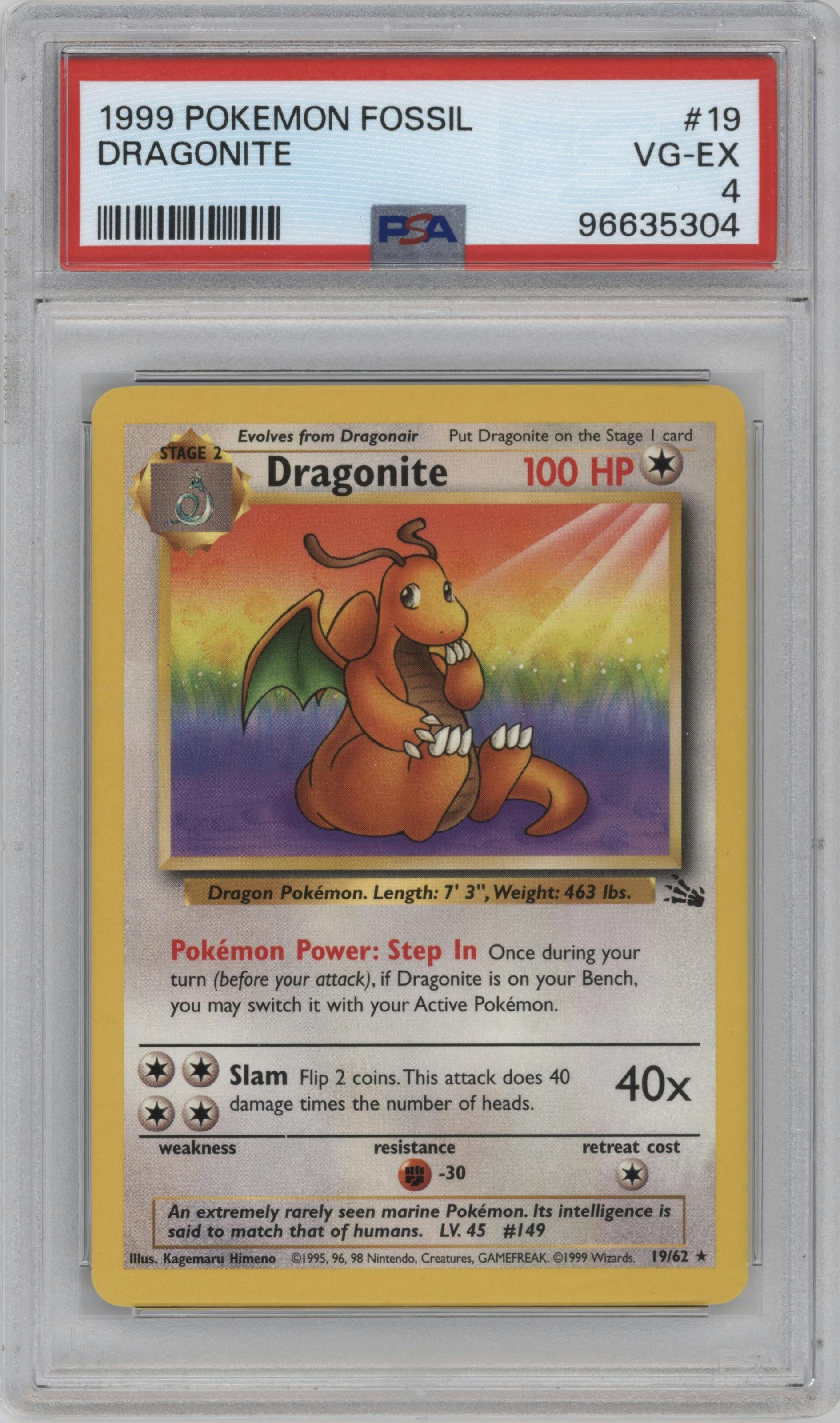 Dragonite from the 1999 Pokemon set graded by PSA and given an overall grade of 4.