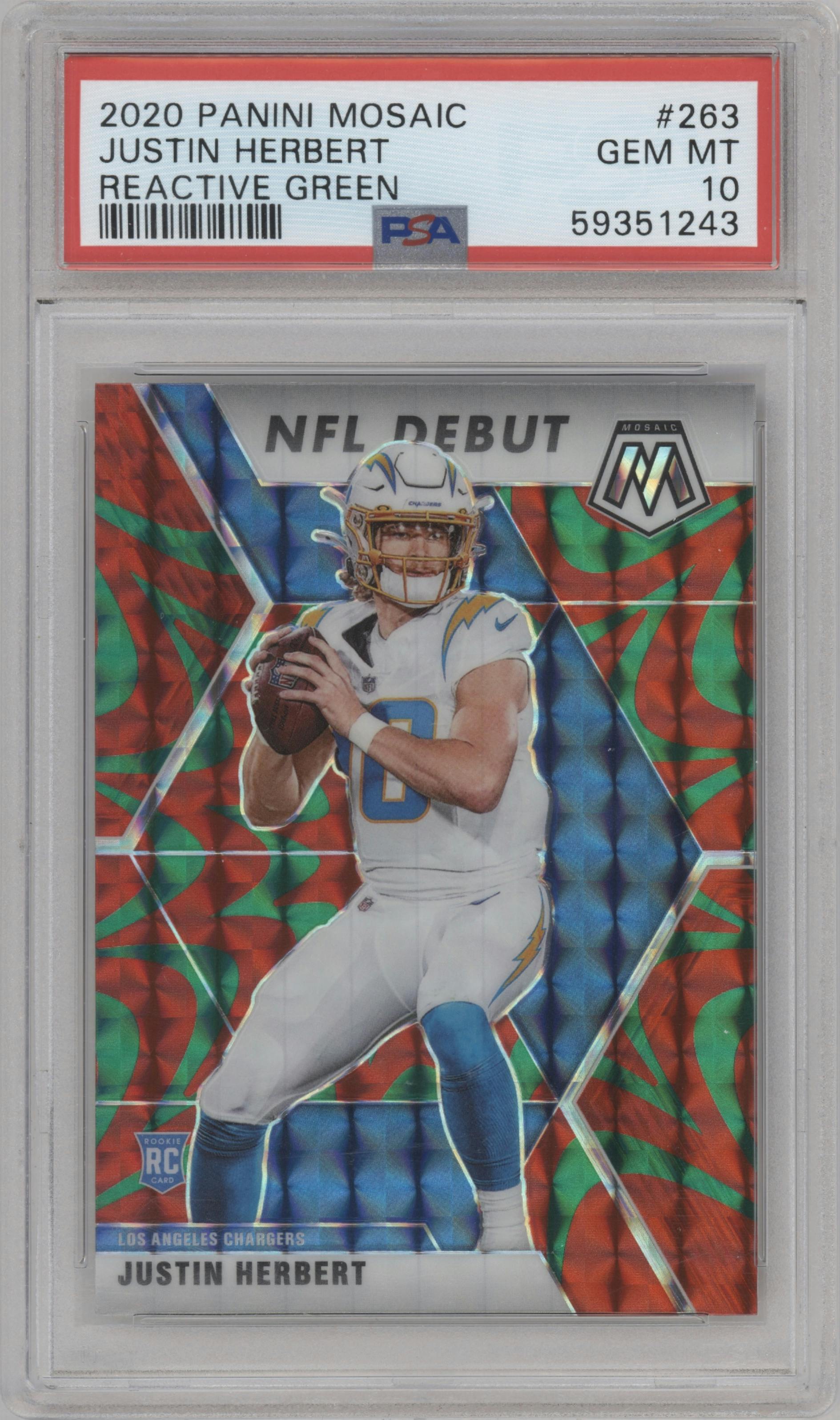 Justin Herbert from the 2020 Panini Mosaic set featuring a Reactive Green parallel graded by PSA and given an overall grade of 10.
