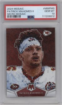 Patrick Mahomes II from the 2024 Panini Mosaic set graded by PSA and given an overall grade of 10.
