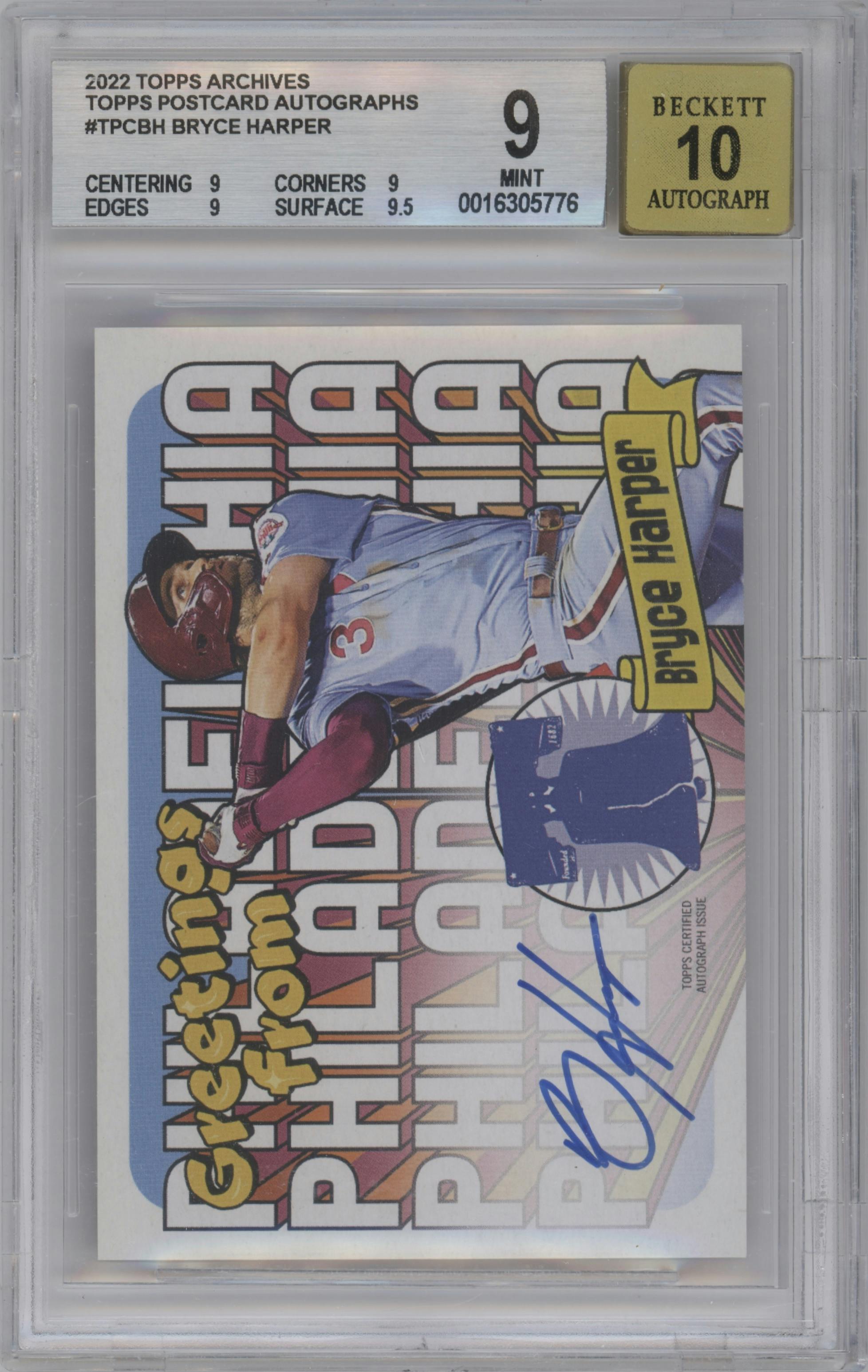 Bryce Harper from the 2022 Topps Archives set graded by Beckett and given an overall grade of 9.