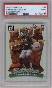Shedeur Sanders from the 2025 Panini Donruss set graded by PSA and given an overall grade of 9.