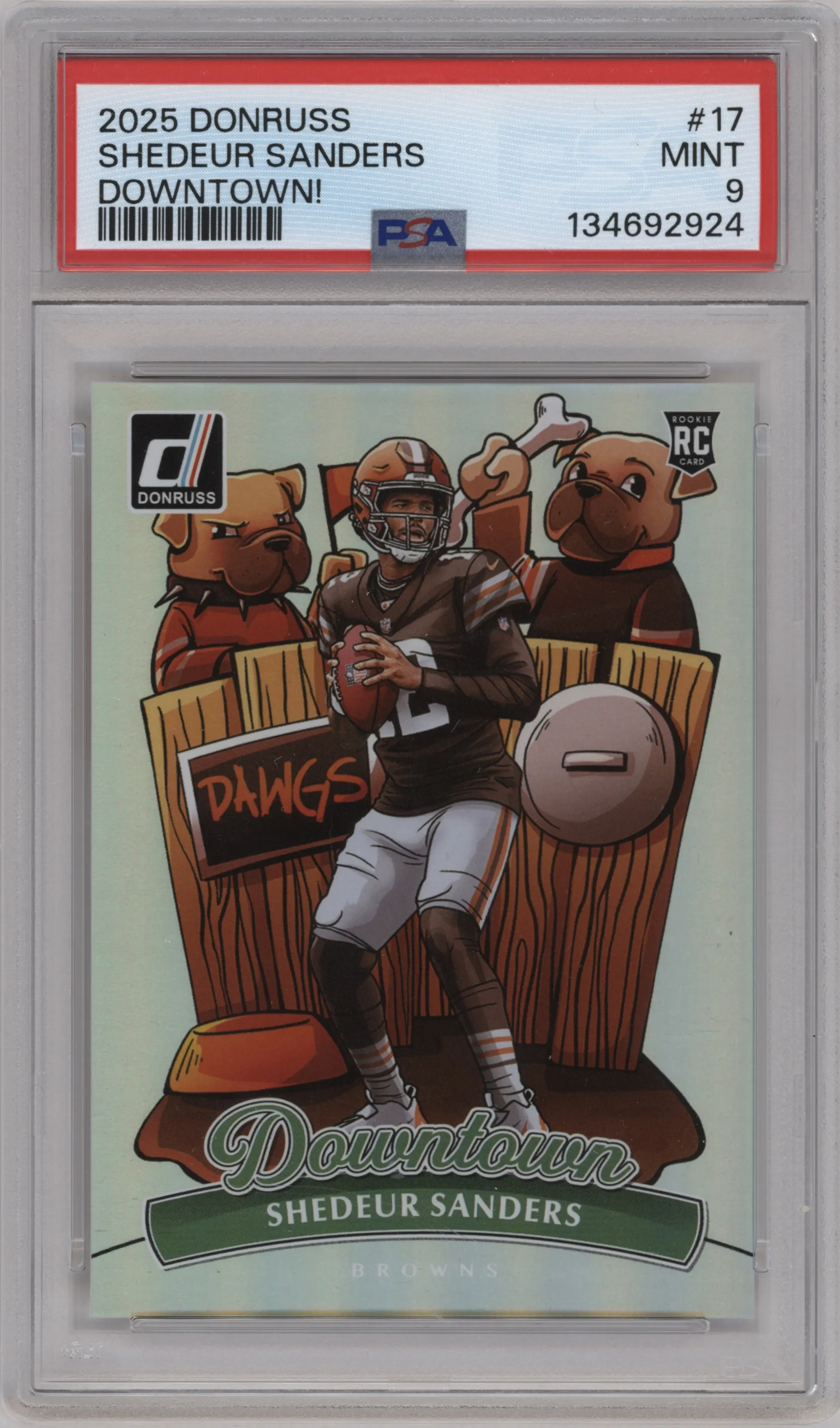 Shedeur Sanders from the 2025 Panini Donruss set graded by PSA and given an overall grade of 9.