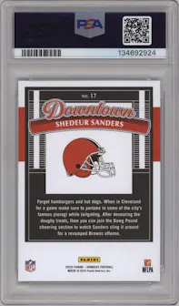 Shedeur Sanders from the 2025 Panini Donruss set graded by PSA and given an overall grade of 9.