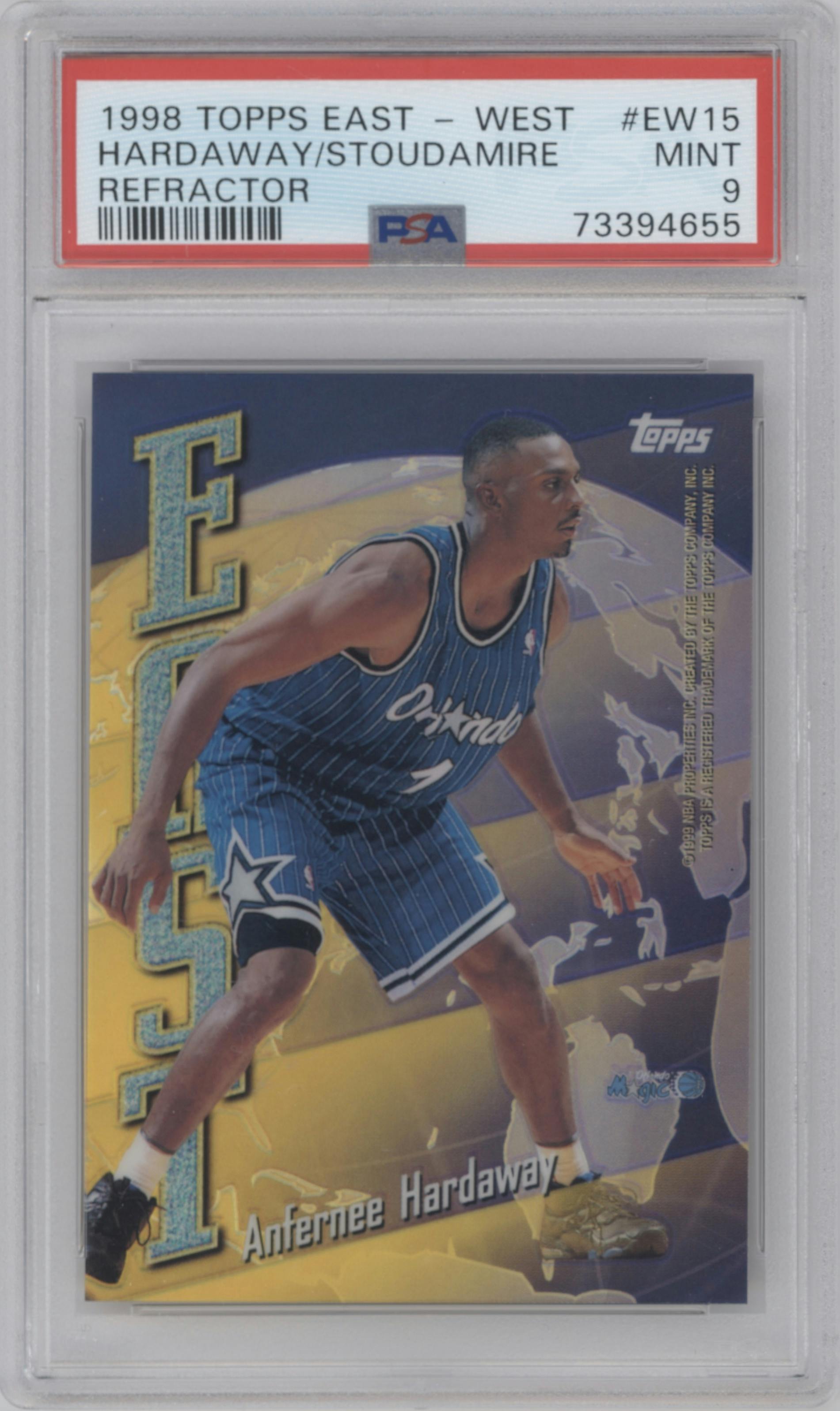 Anfernee Hardaway/Damon Stoudamire from the 1998-99 Topps set featuring a Refractor parallel graded by PSA and given an overall grade of 9.