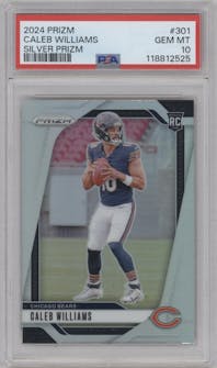 Caleb Williams from the 2024 Panini Prizm set featuring a Silver Prizm parallel graded by PSA and given an overall grade of 10.