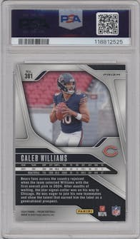 Caleb Williams from the 2024 Panini Prizm set featuring a Silver Prizm parallel graded by PSA and given an overall grade of 10.