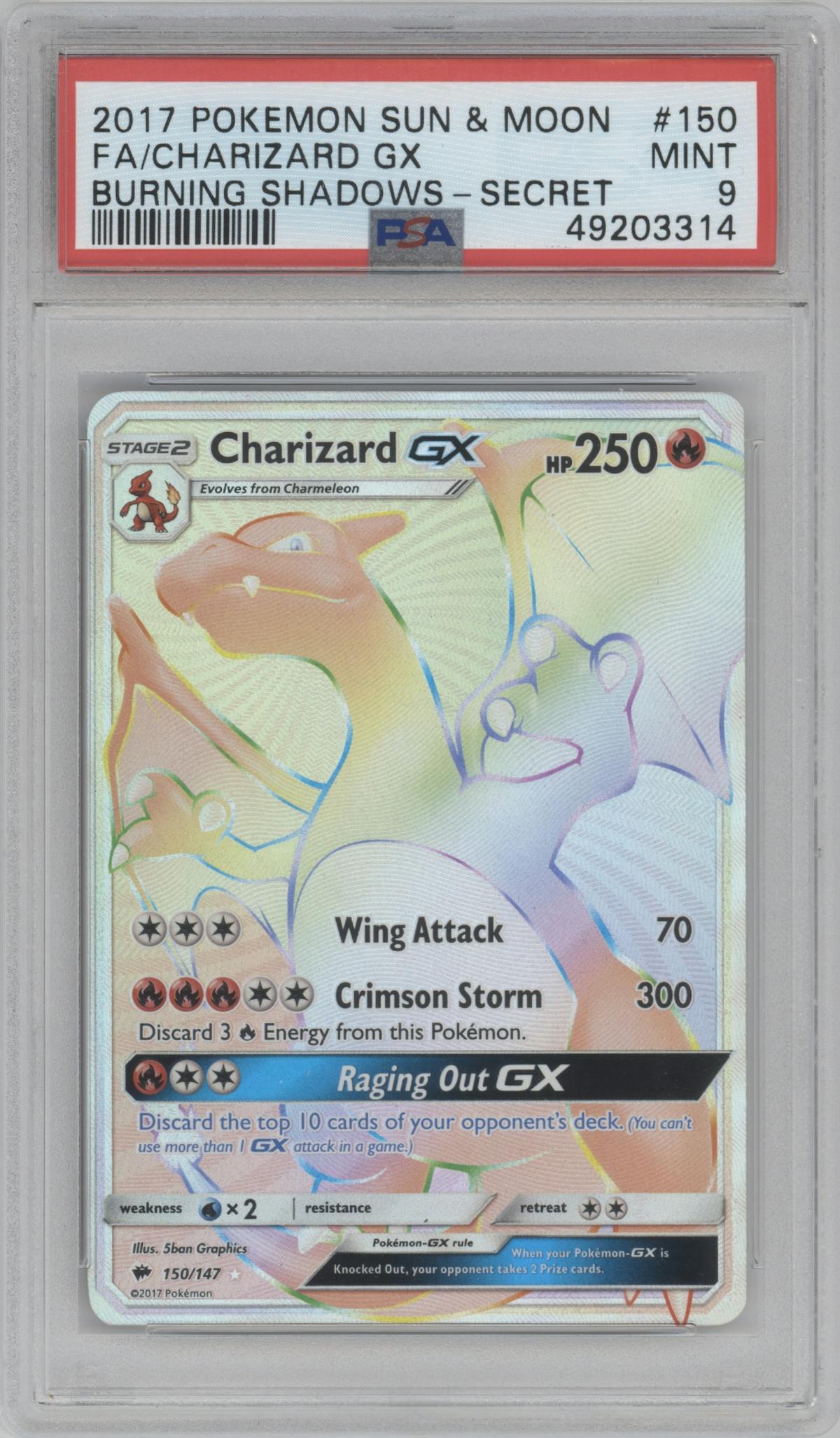 Charizard GX from the 2017 Pokemon S&M set graded by PSA and given an overall grade of 9.