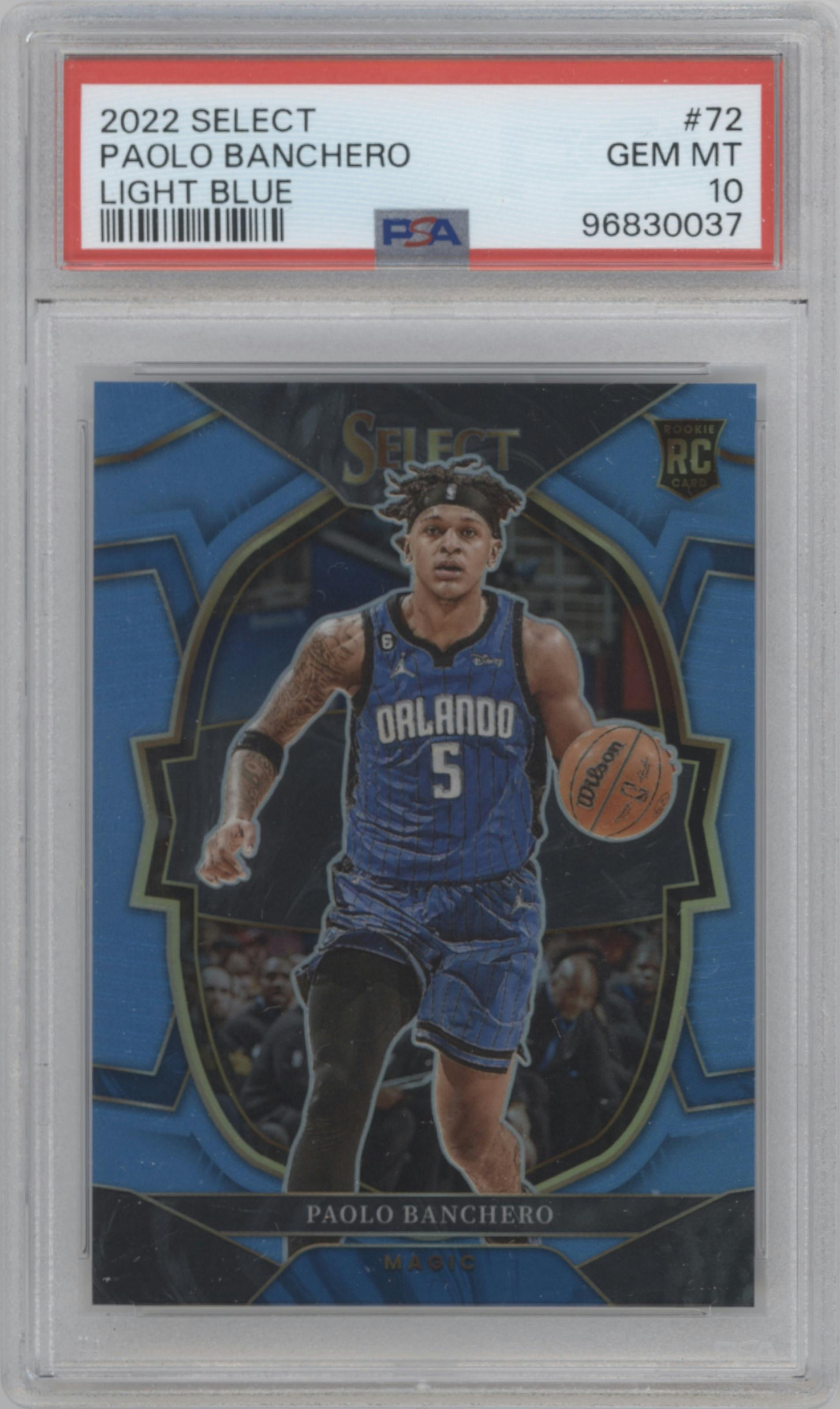 Paolo Banchero from the 2022-23 Panini Select set featuring a Light Blue Prizm parallel graded by PSA and given an overall grade of 10.