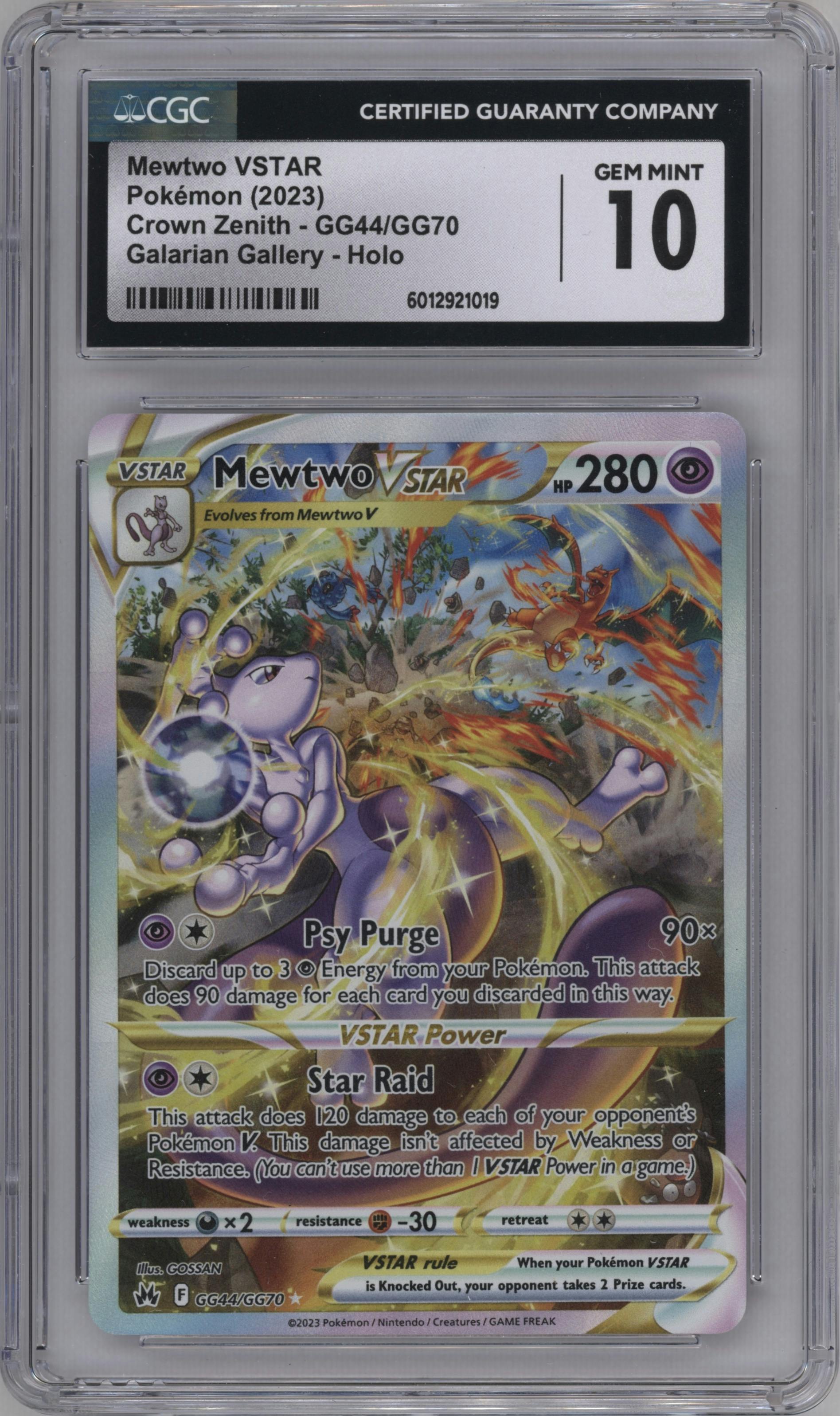 Mewtwo VSTAR from the 2023 Pokemon SWSH set graded by CSG and given an overall grade of 10.