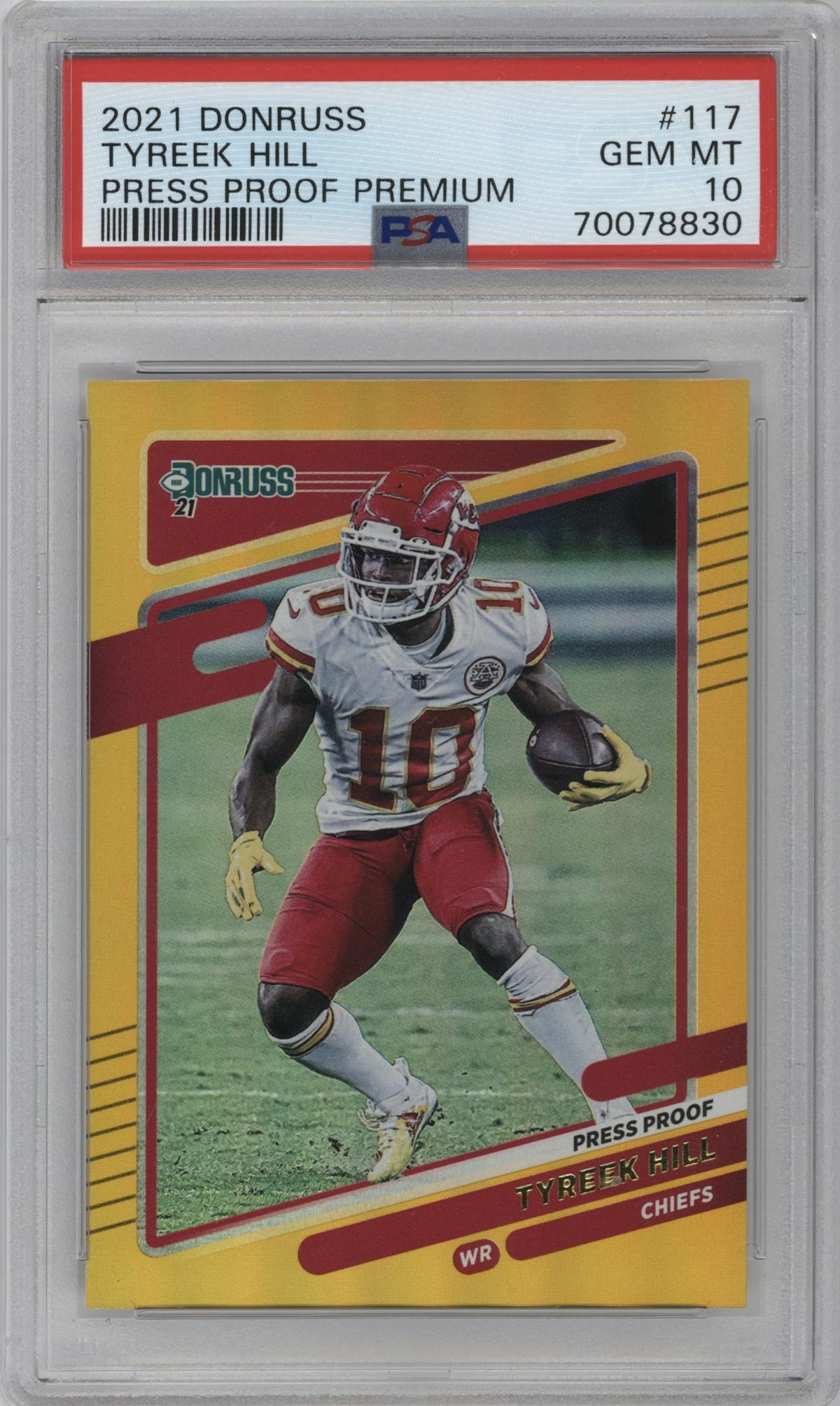 Tyreek Hill from the 2021 Panini Donruss set featuring a Press Proof Premium parallel graded by PSA and given an overall grade of 10.
