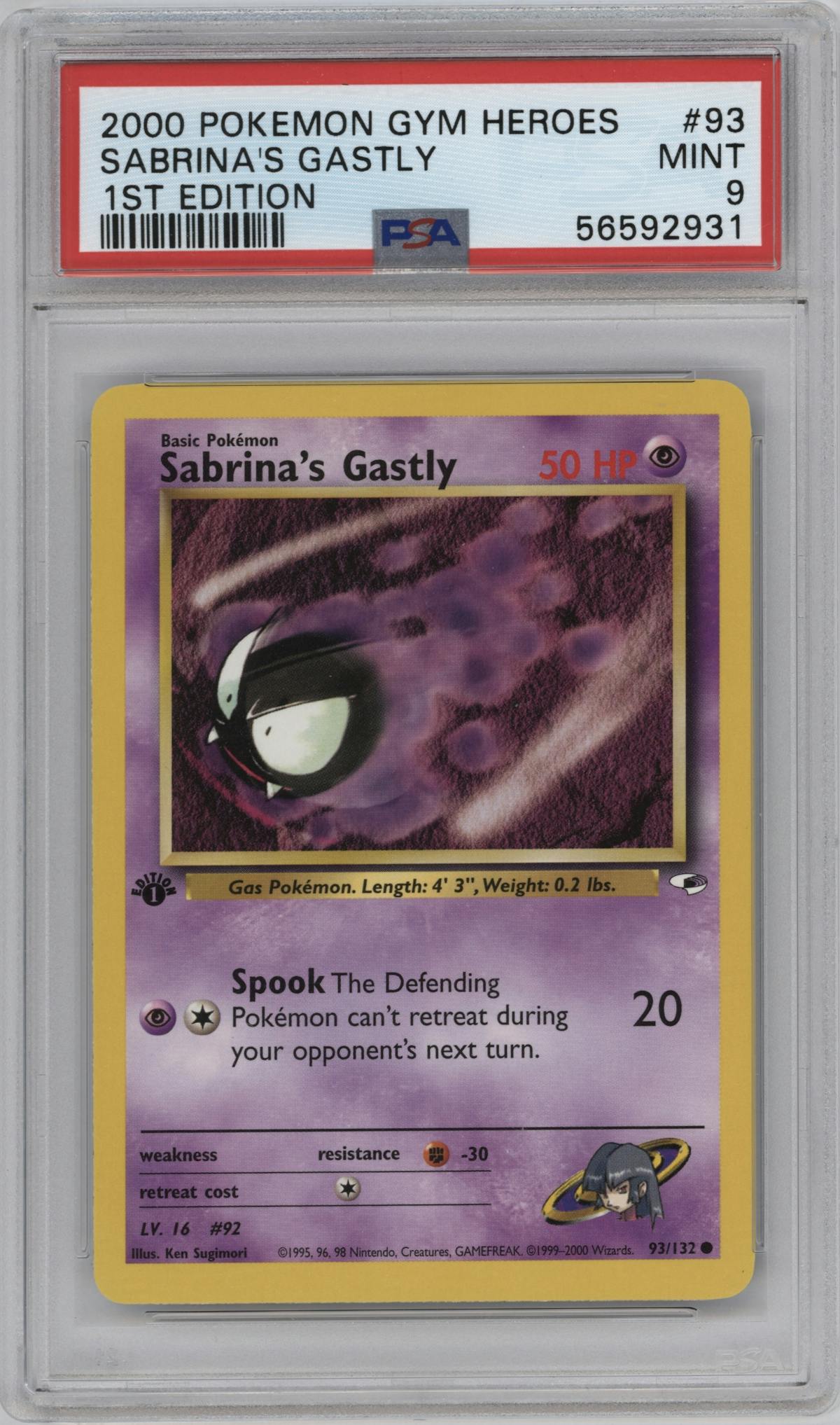 Sabrina's Gastly from the 2000 Pokemon GH set graded by PSA and given an overall grade of 9.