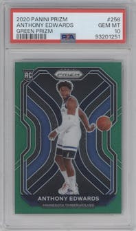 Anthony Edwards from the 2020-21 Panini Prizm set featuring a Green Prizm parallel graded by PSA and given an overall grade of 10.