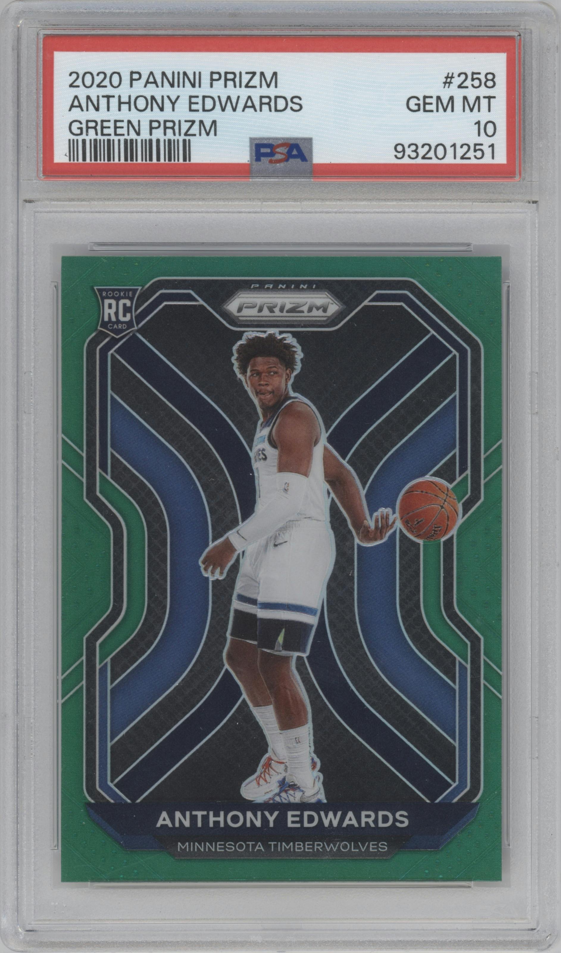 Anthony Edwards from the 2020-21 Panini Prizm set featuring a Green Prizm parallel graded by PSA and given an overall grade of 10.
