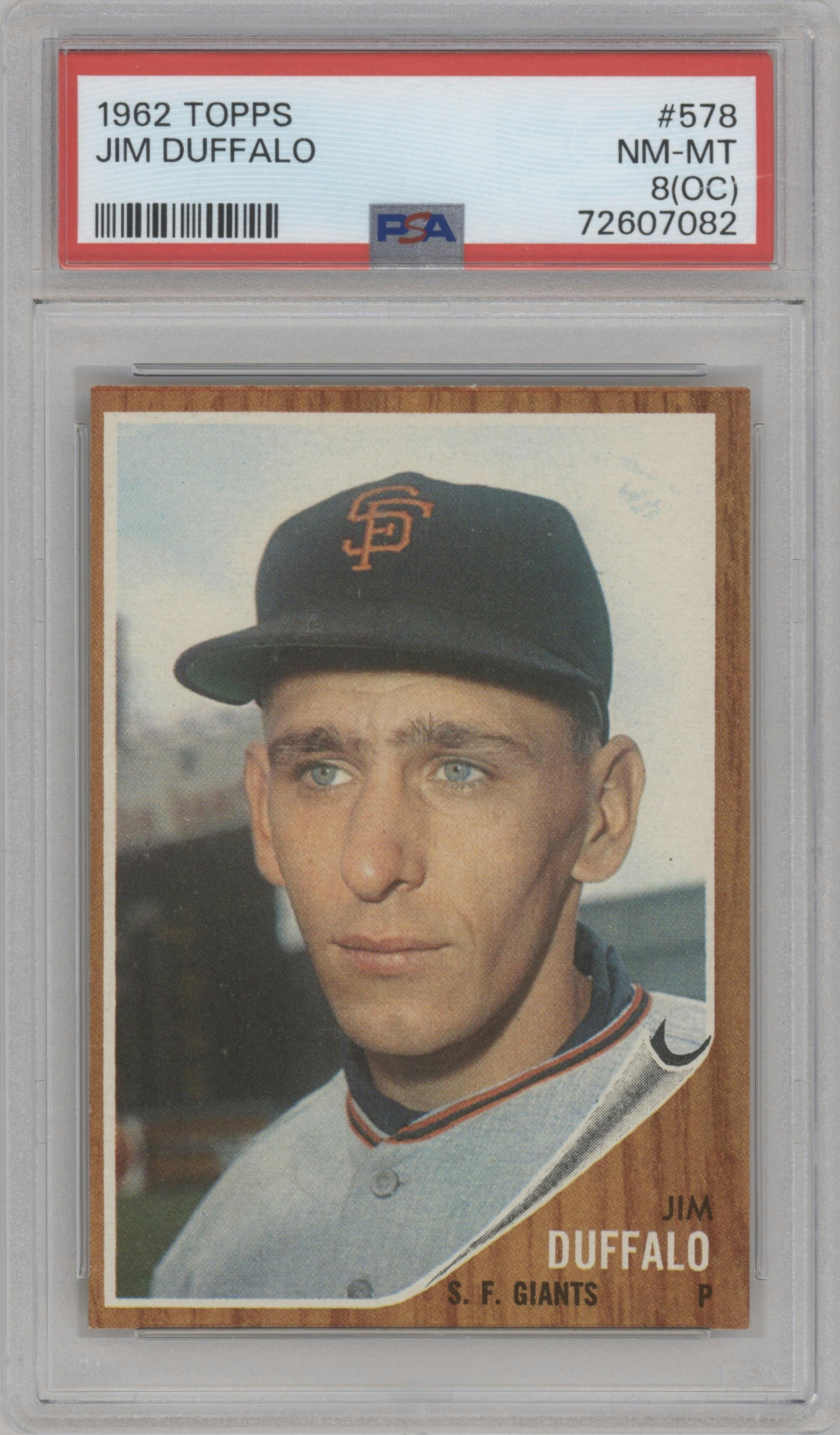 Jim Duffalo from the 1962 Topps set graded by PSA and given an overall grade of 8.